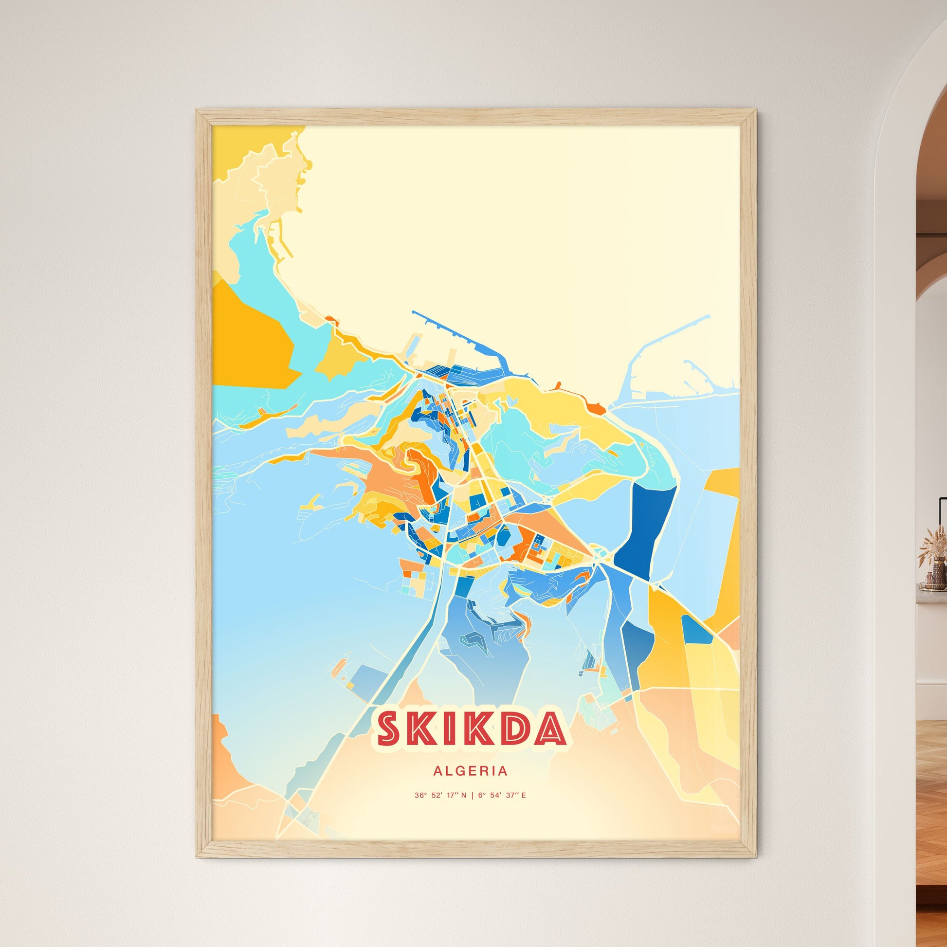 Colorful SKIKDA ALGERIA Fine Art Map Blue Orange