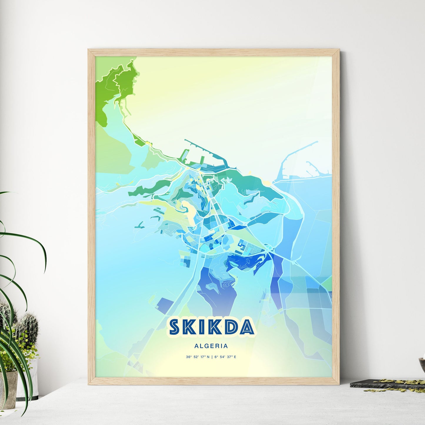 Colorful SKIKDA ALGERIA Fine Art Map Cool Blue