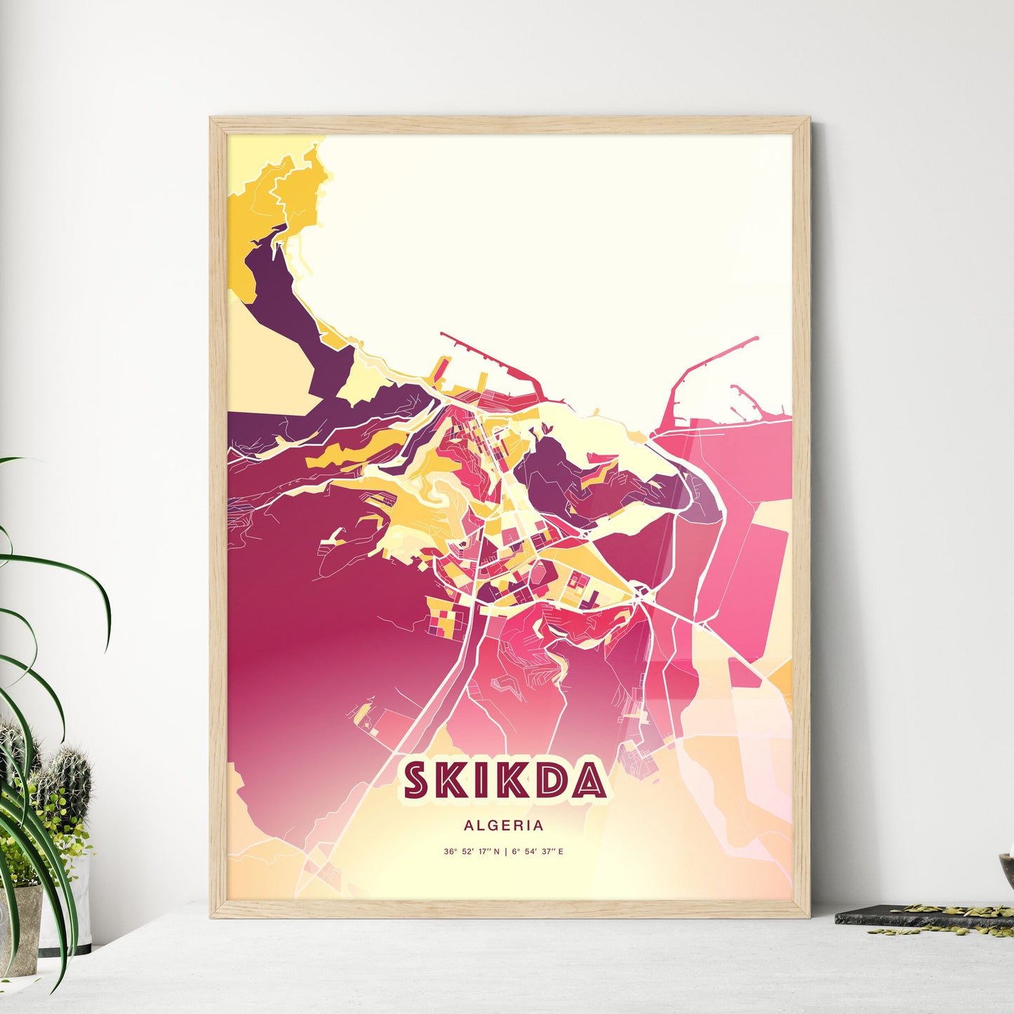 Colorful SKIKDA ALGERIA Fine Art Map Hot Red