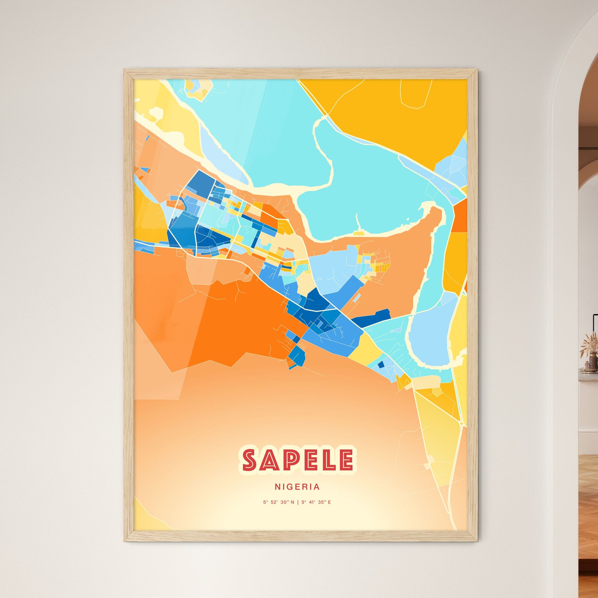 Colorful SAPELE NIGERIA Fine Art Map Blue Orange