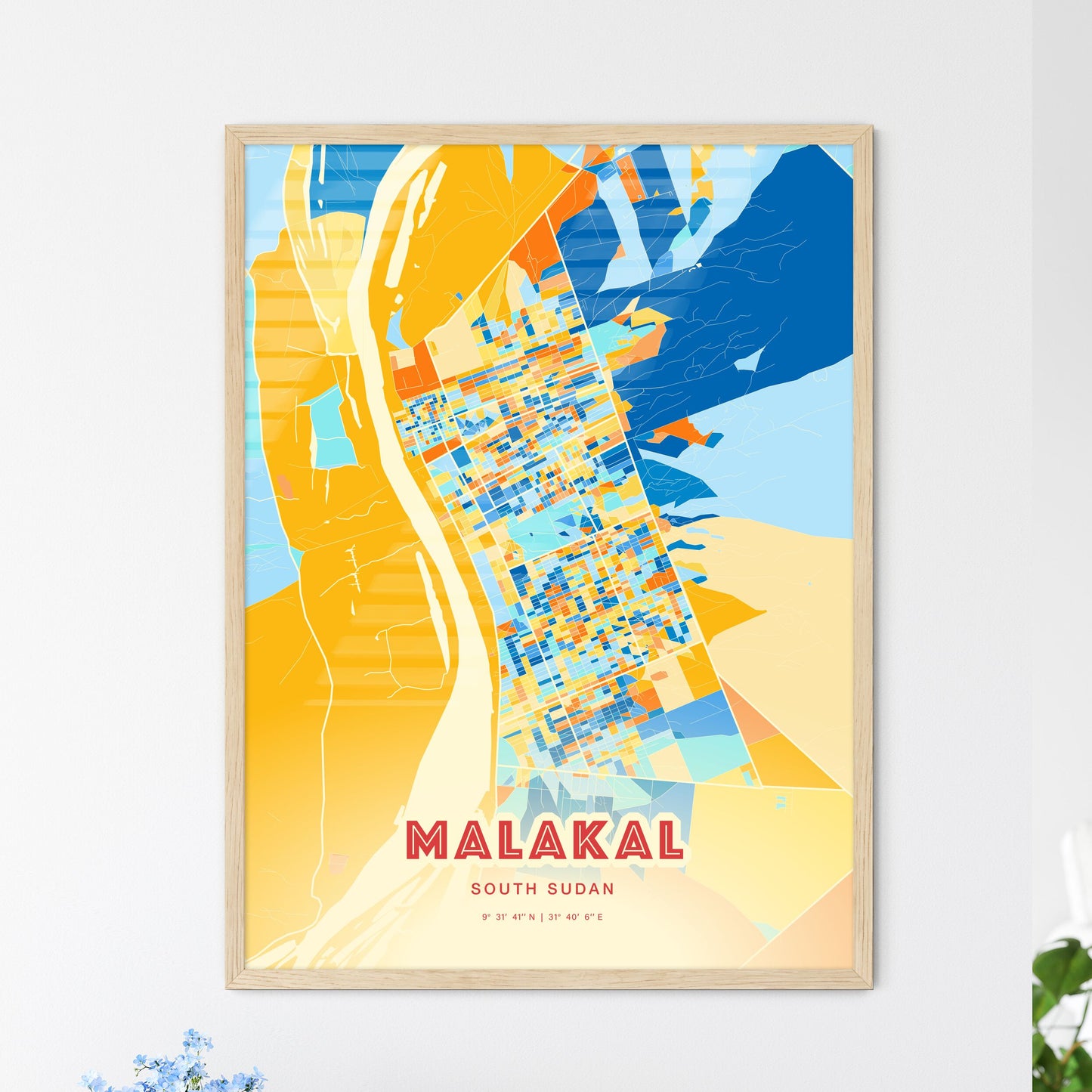 Colorful MALAKAL SOUTH SUDAN Fine Art Map Blue Orange