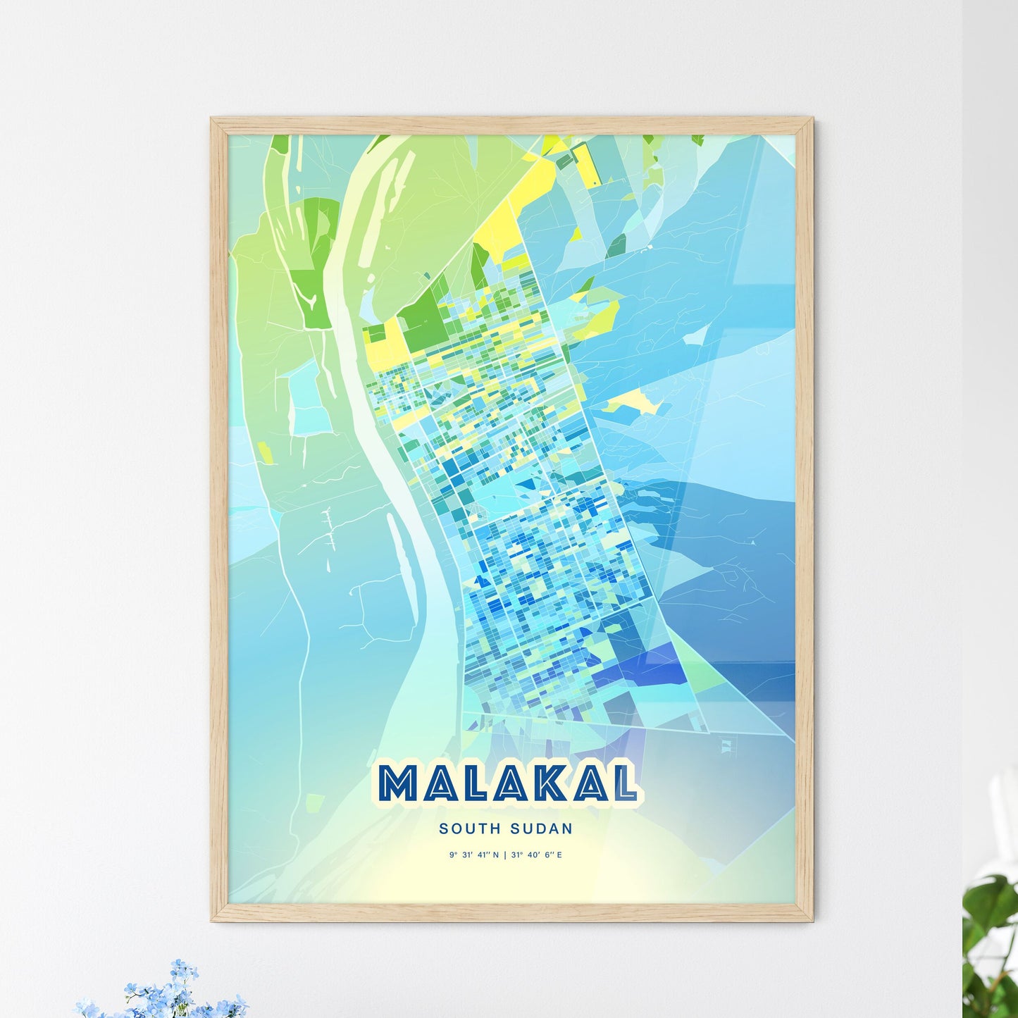 Colorful MALAKAL SOUTH SUDAN Fine Art Map Cool Blue