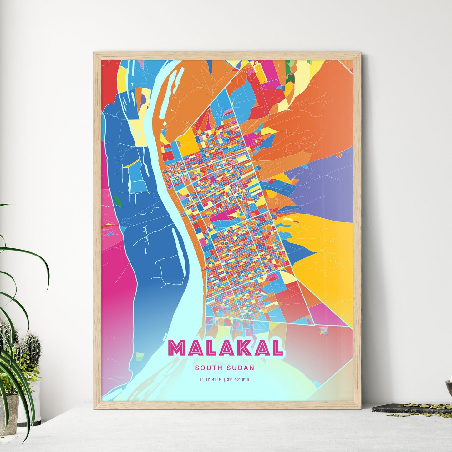Colorful MALAKAL SOUTH SUDAN Fine Art Map Crazy Colors