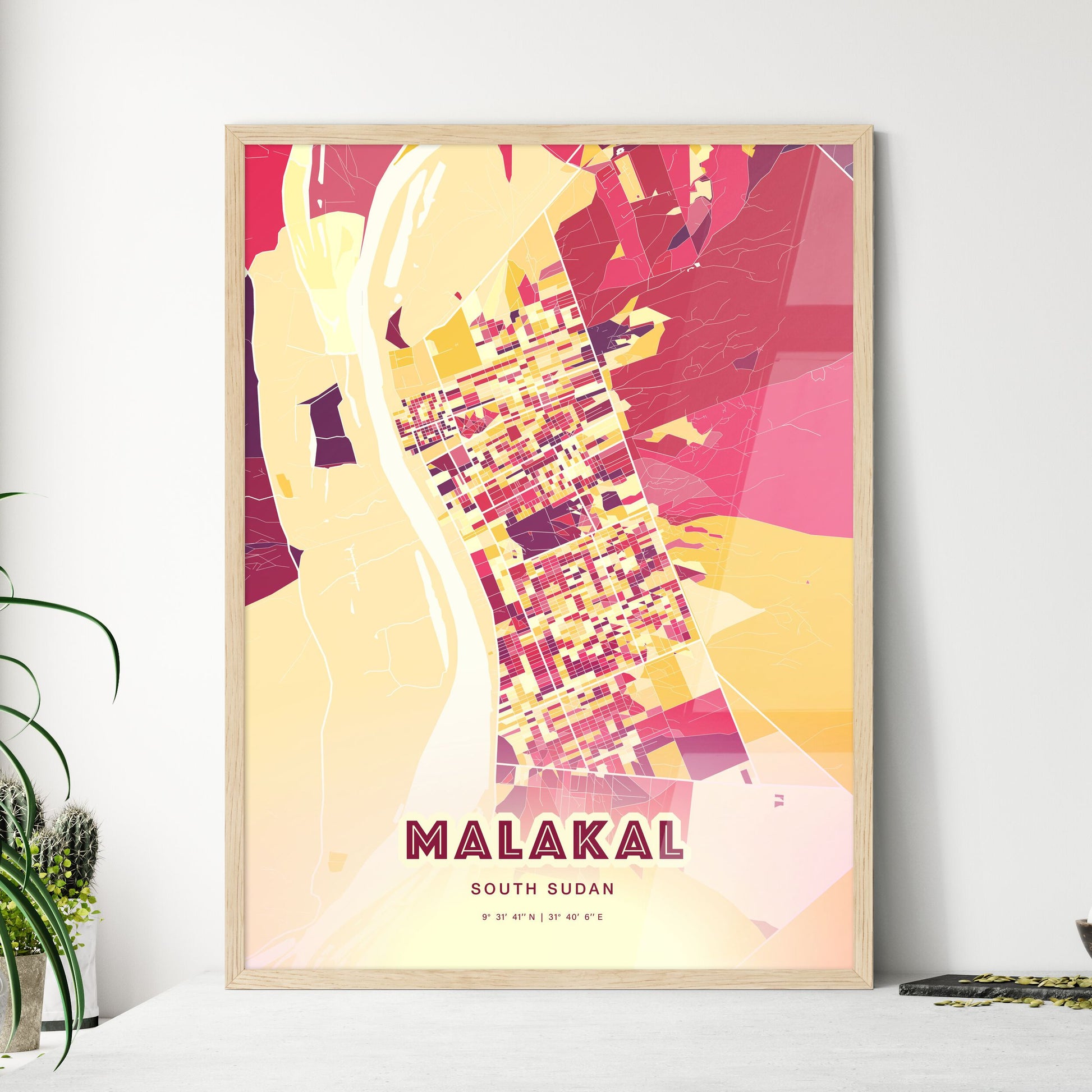 Colorful MALAKAL SOUTH SUDAN Fine Art Map Hot Red