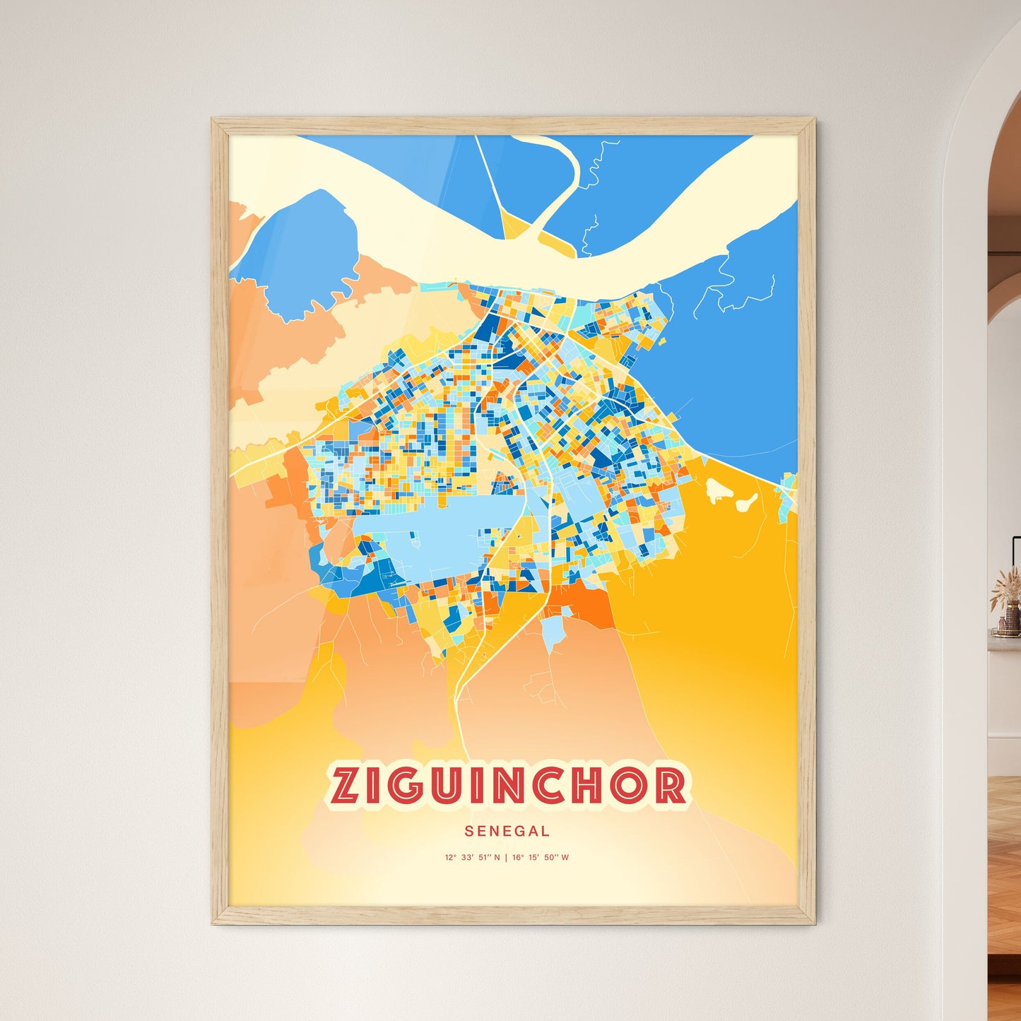 Colorful ZIGUINCHOR SENEGAL Fine Art Map Blue Orange