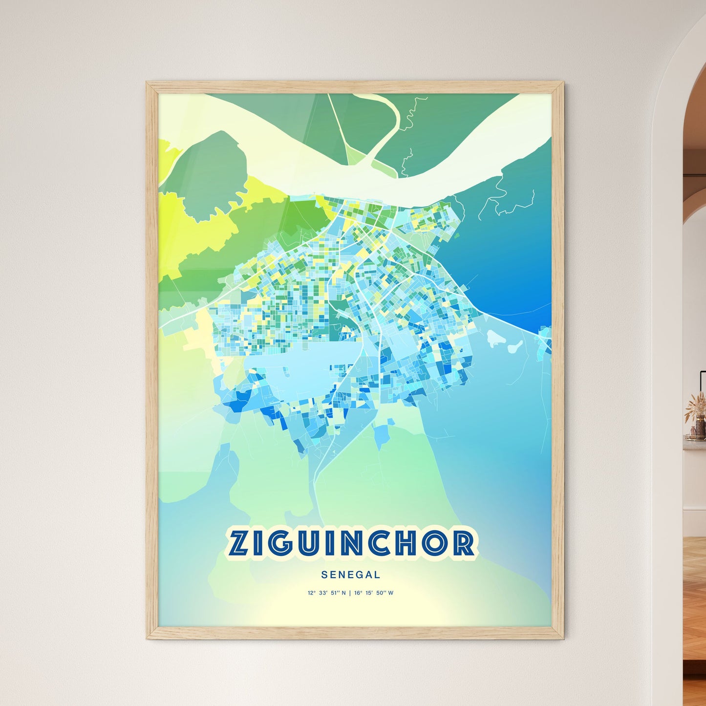 Colorful ZIGUINCHOR SENEGAL Fine Art Map Cool Blue