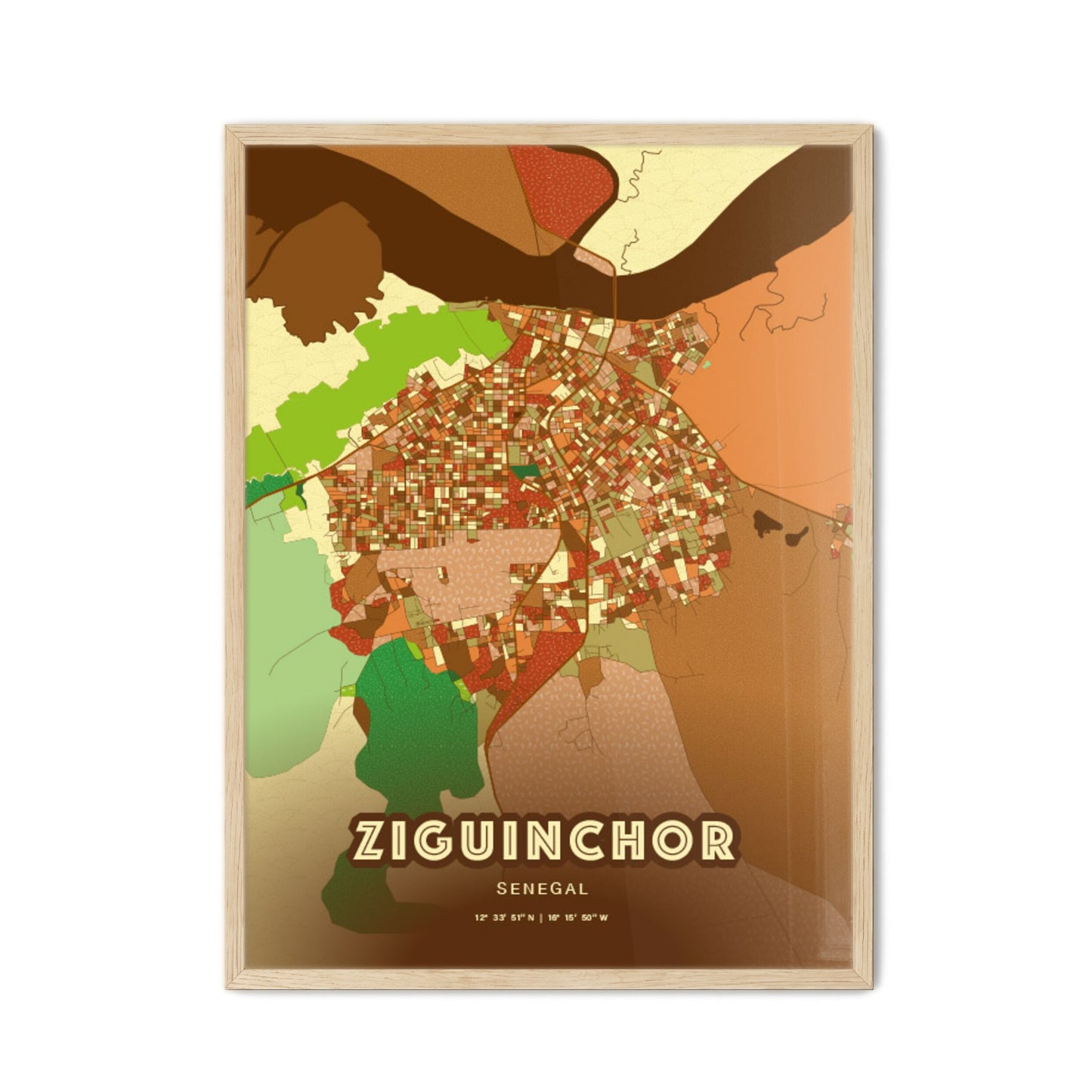 Colorful ZIGUINCHOR SENEGAL Fine Art Map Farmhouse