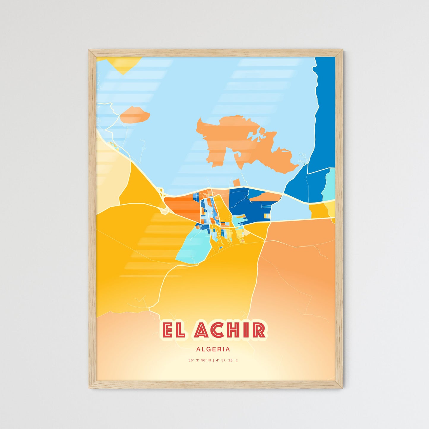 Colorful EL ACHIR ALGERIA Fine Art Map Blue Orange