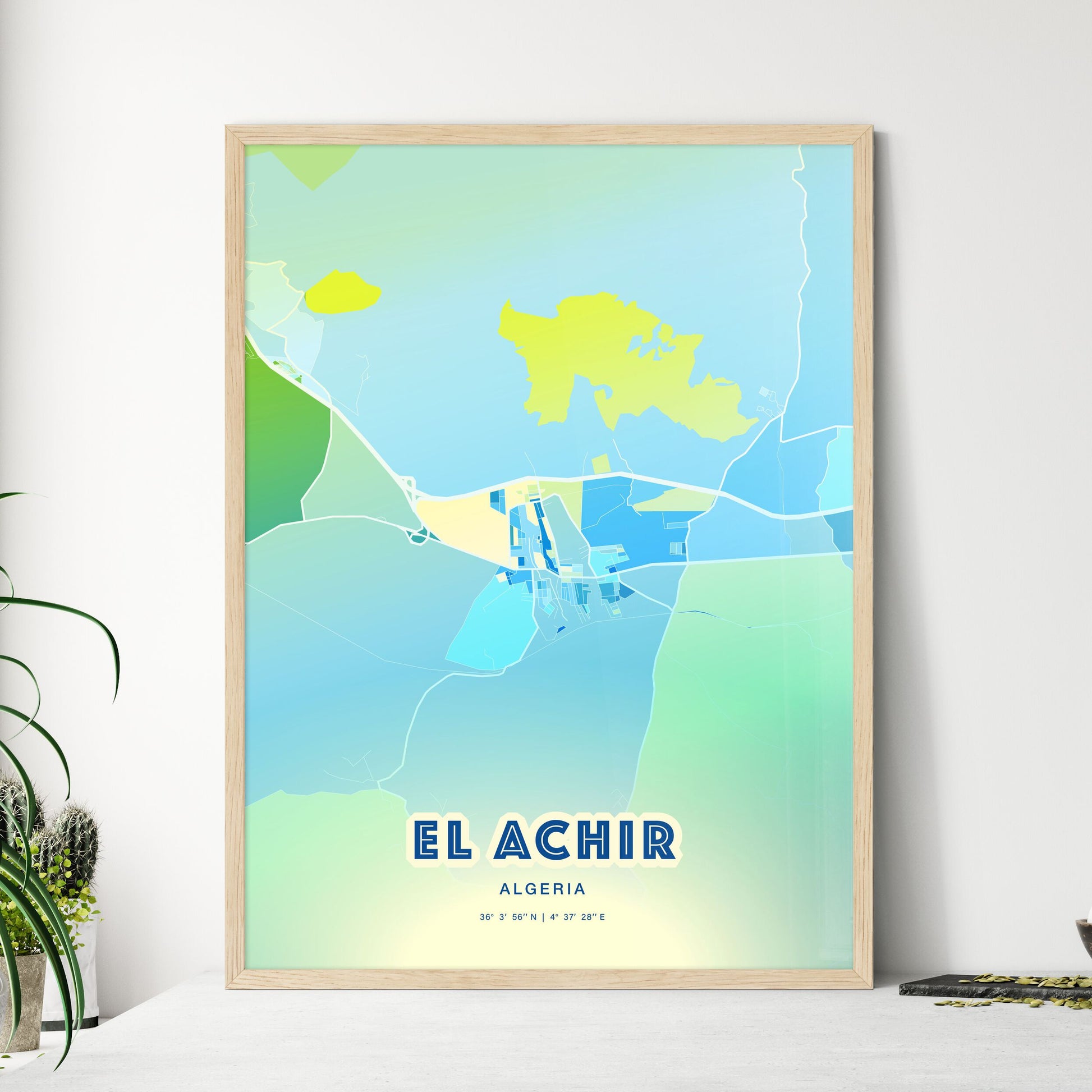 Colorful EL ACHIR ALGERIA Fine Art Map Cool Blue