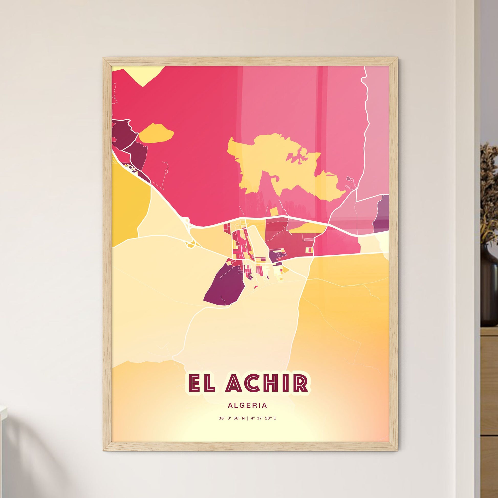 Colorful EL ACHIR ALGERIA Fine Art Map Hot Red