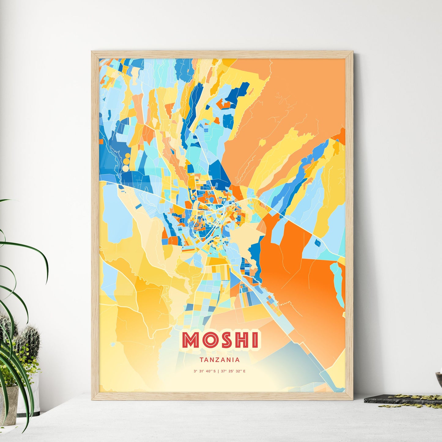 Colorful MOSHI TANZANIA Fine Art Map Blue Orange