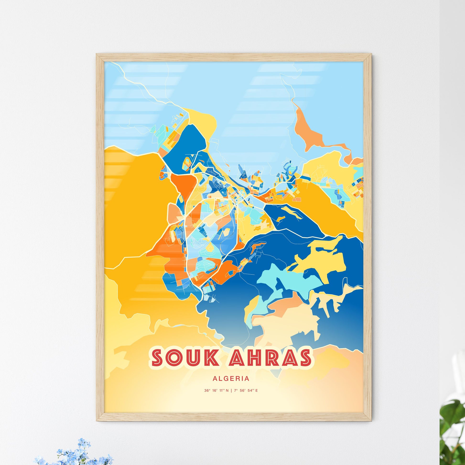 Colorful SOUK AHRAS ALGERIA Fine Art Map Blue Orange