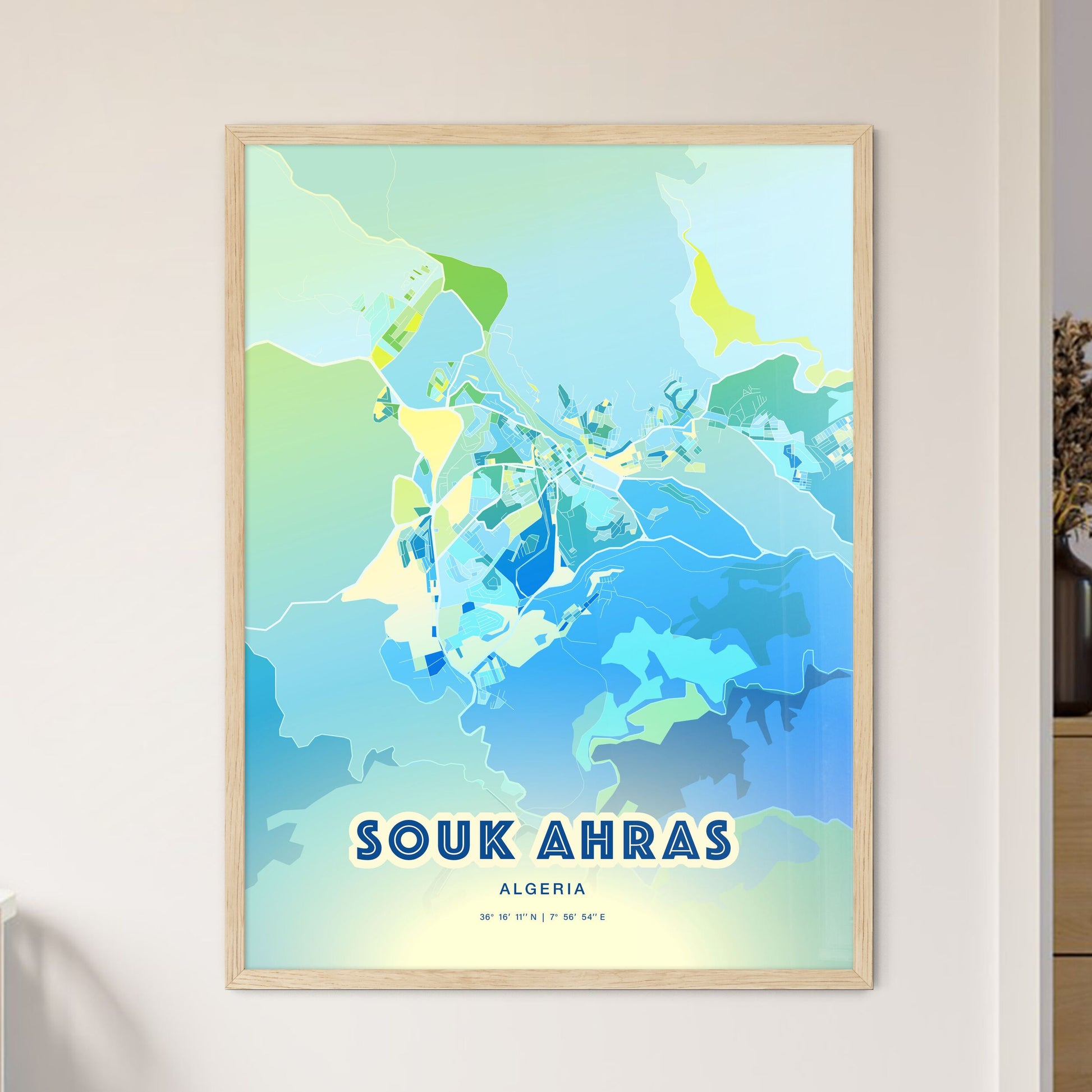 Colorful SOUK AHRAS ALGERIA Fine Art Map Cool Blue