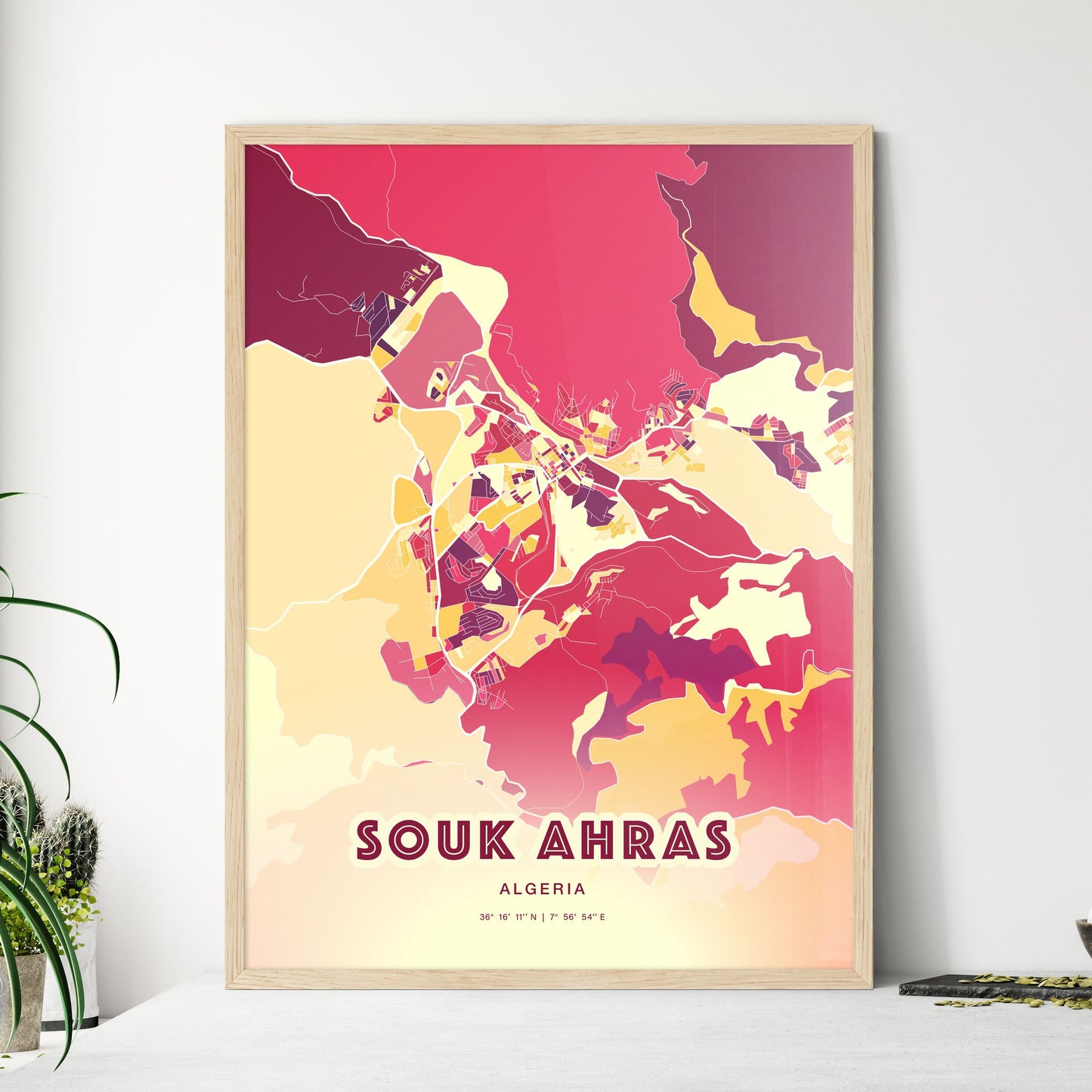 Colorful SOUK AHRAS ALGERIA Fine Art Map Hot Red