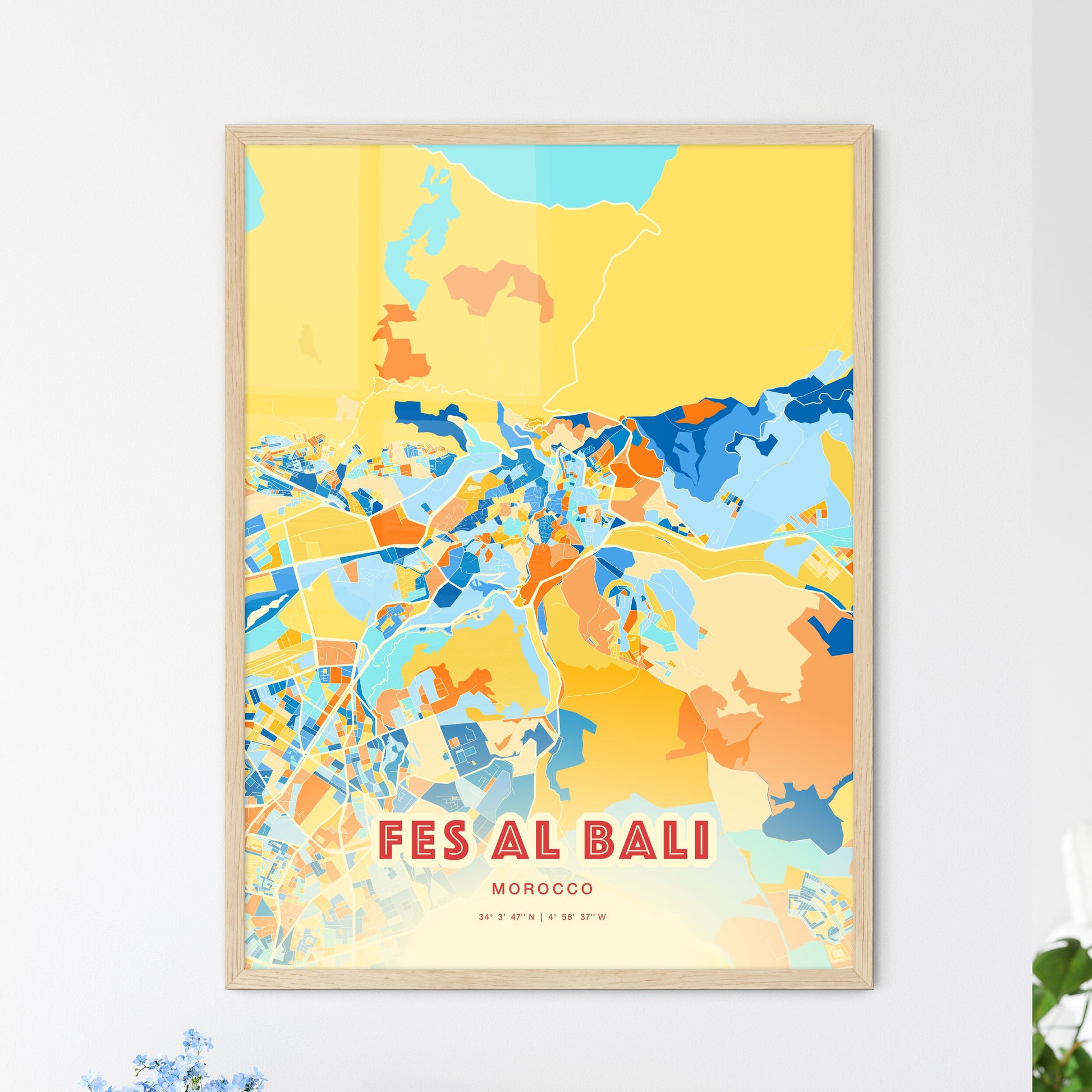 Colorful FES AL BALI MOROCCO Fine Art Map Blue Orange