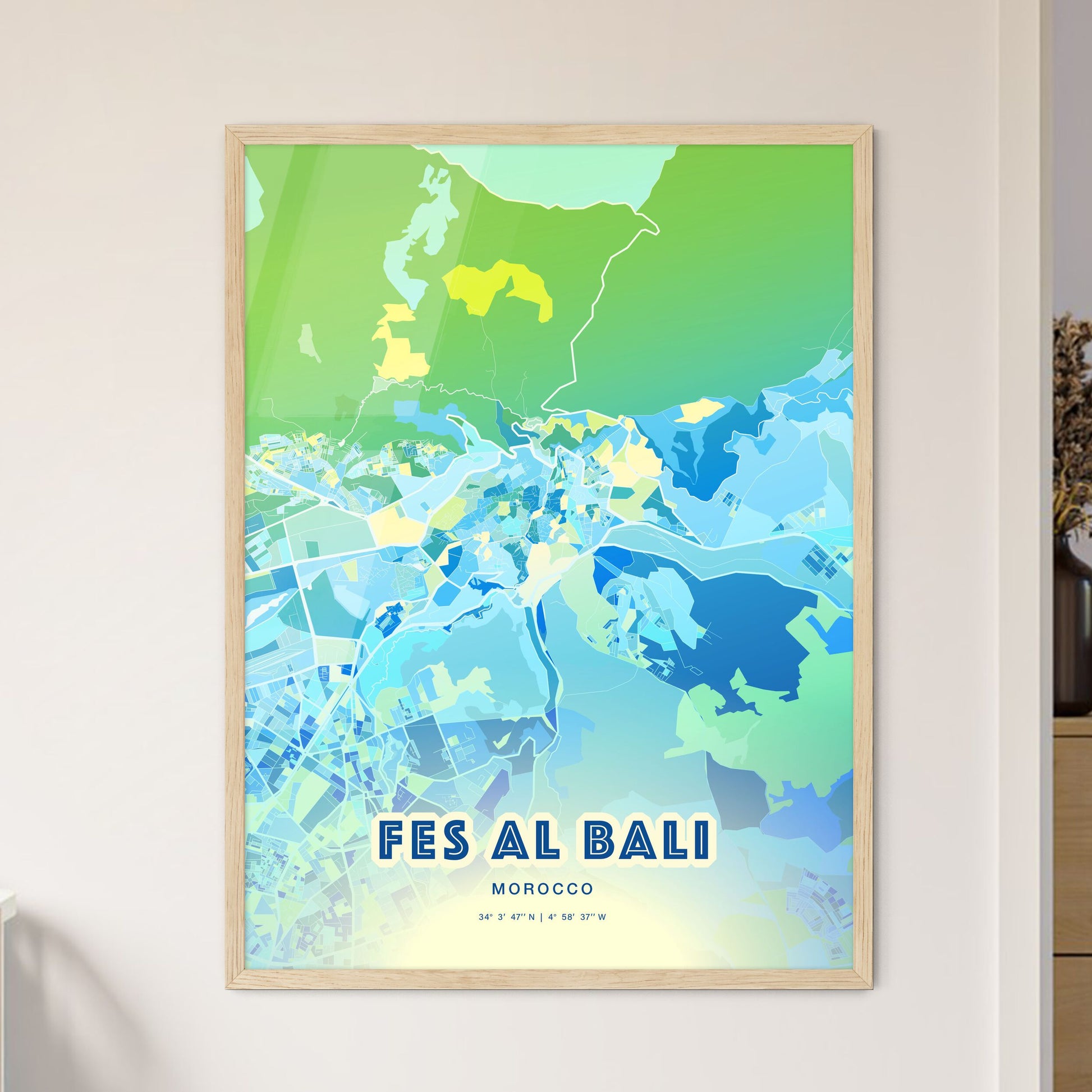 Colorful FES AL BALI MOROCCO Fine Art Map Cool Blue