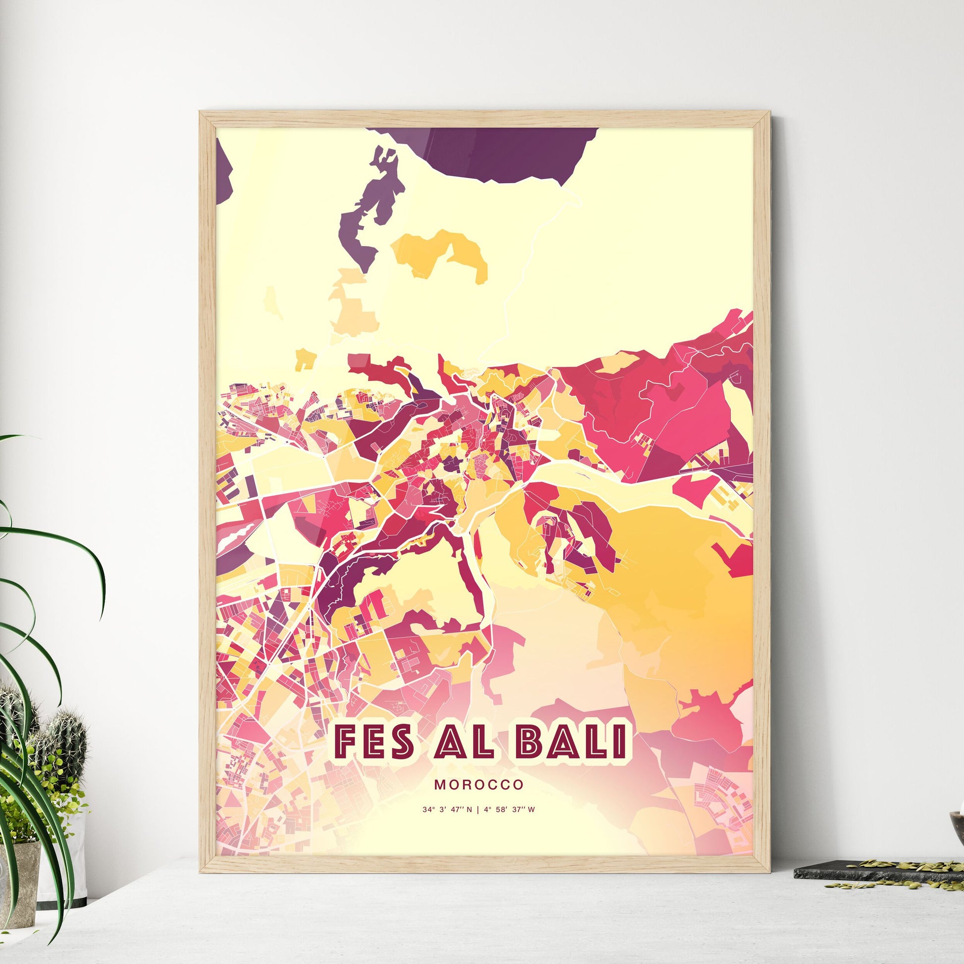 Colorful FES AL BALI MOROCCO Fine Art Map Hot Red