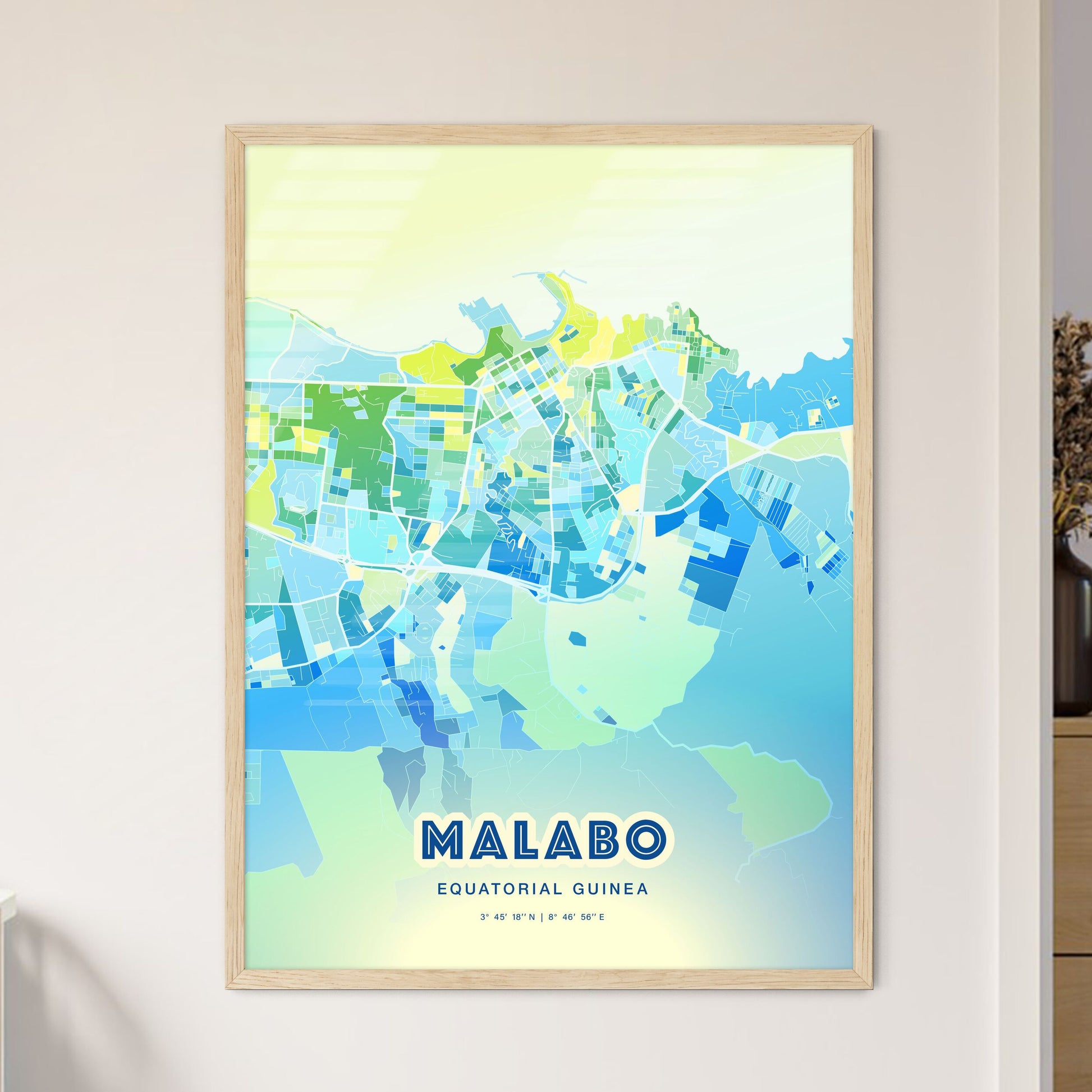 Colorful MALABO EQUATORIAL GUINEA Fine Art Map Cool Blue
