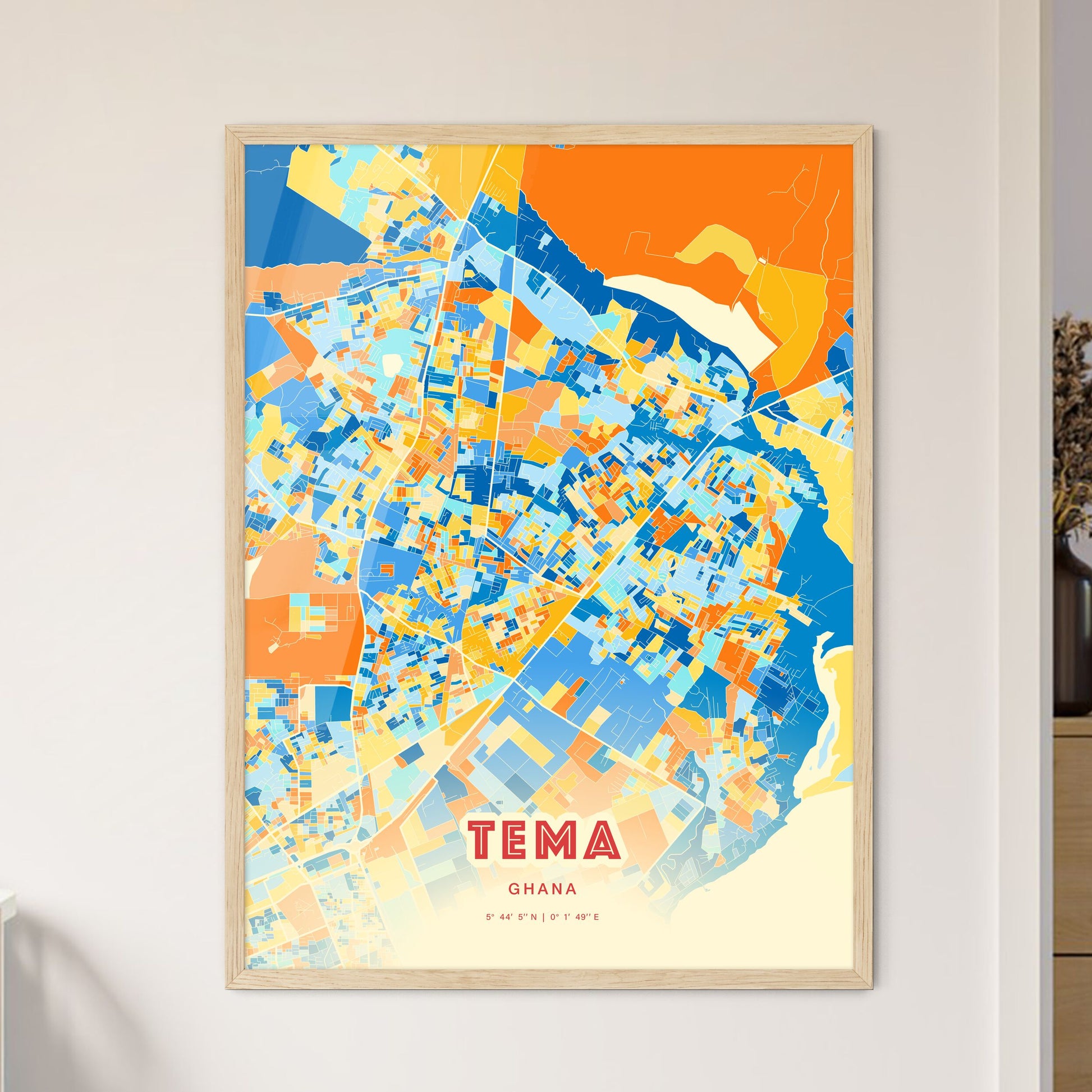 Colorful TEMA GHANA Fine Art Map Blue Orange