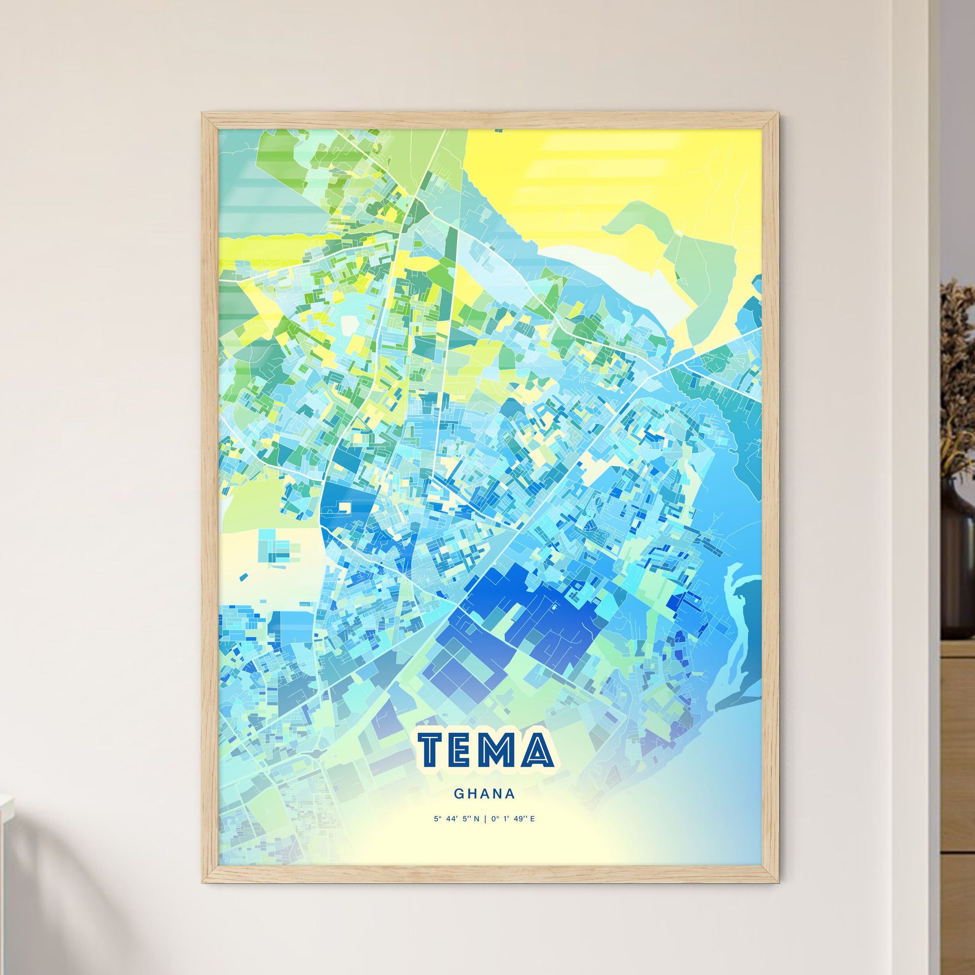 Colorful TEMA GHANA Fine Art Map Cool Blue