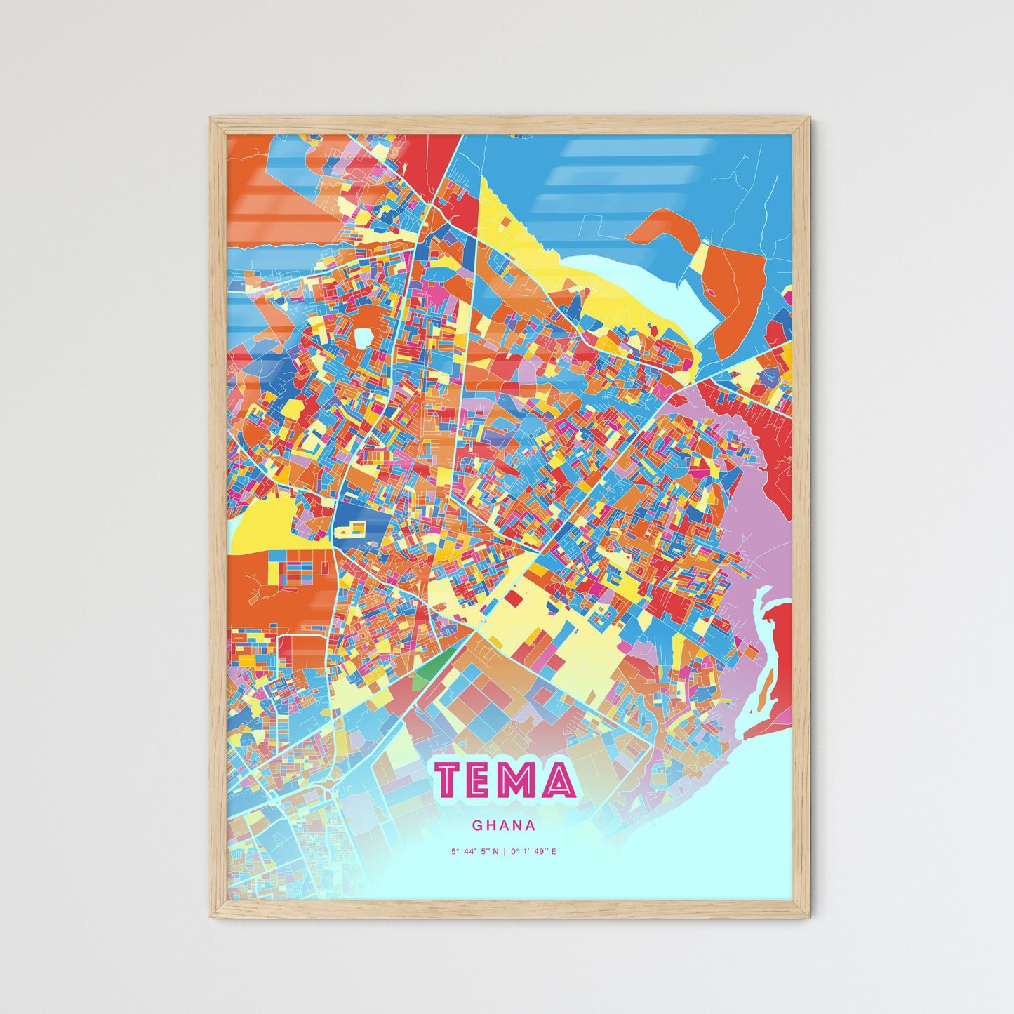 Colorful TEMA GHANA Fine Art Map Crazy Colors