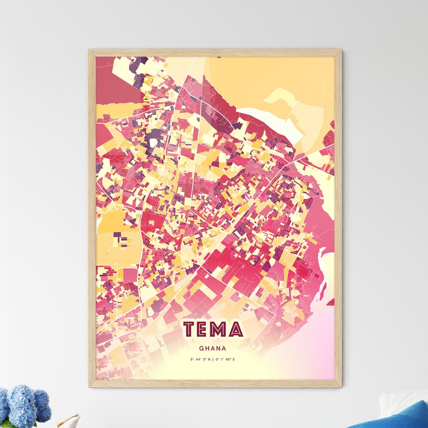 Colorful TEMA GHANA Fine Art Map Hot Red