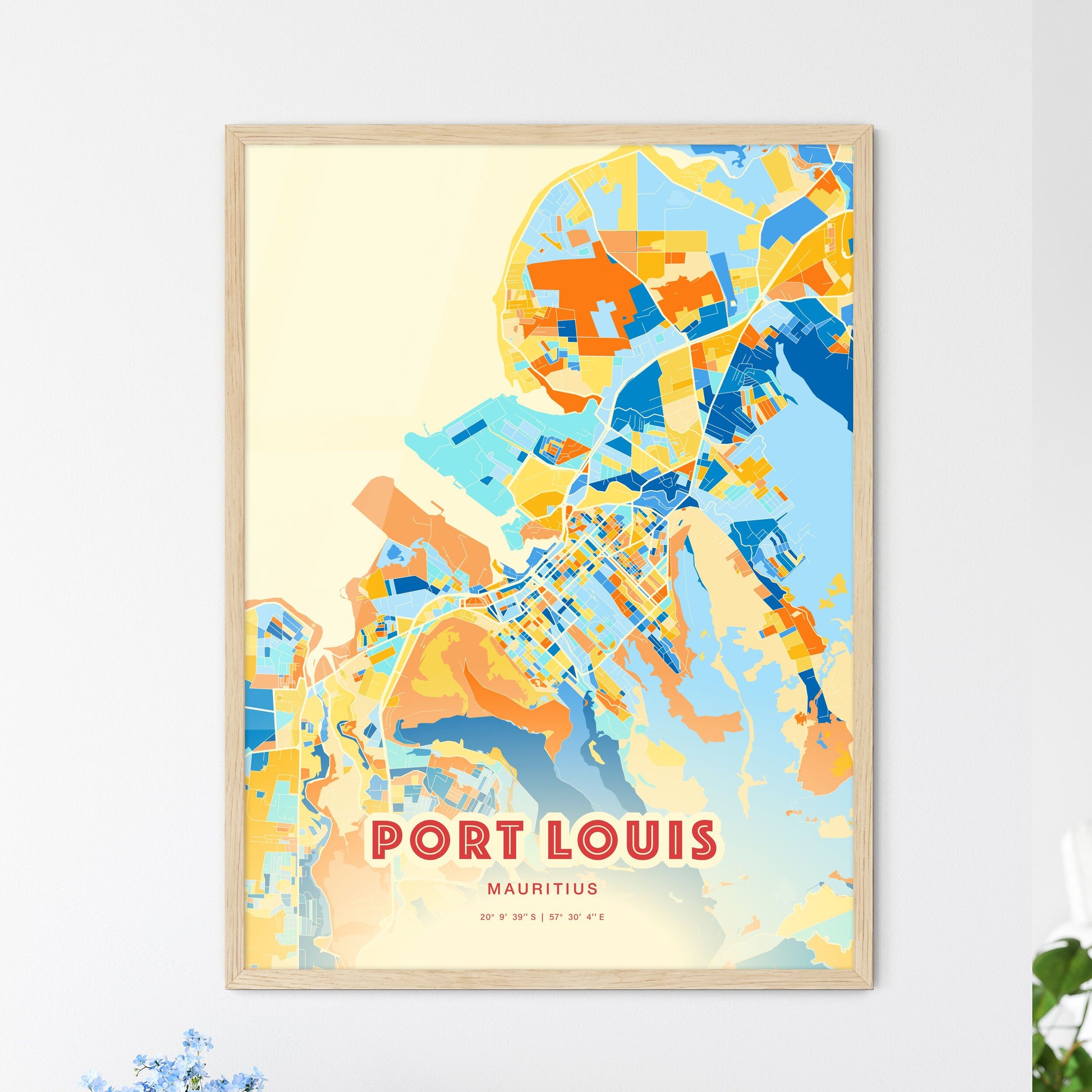 Colorful PORT LOUIS MAURITIUS Fine Art Map Blue Orange