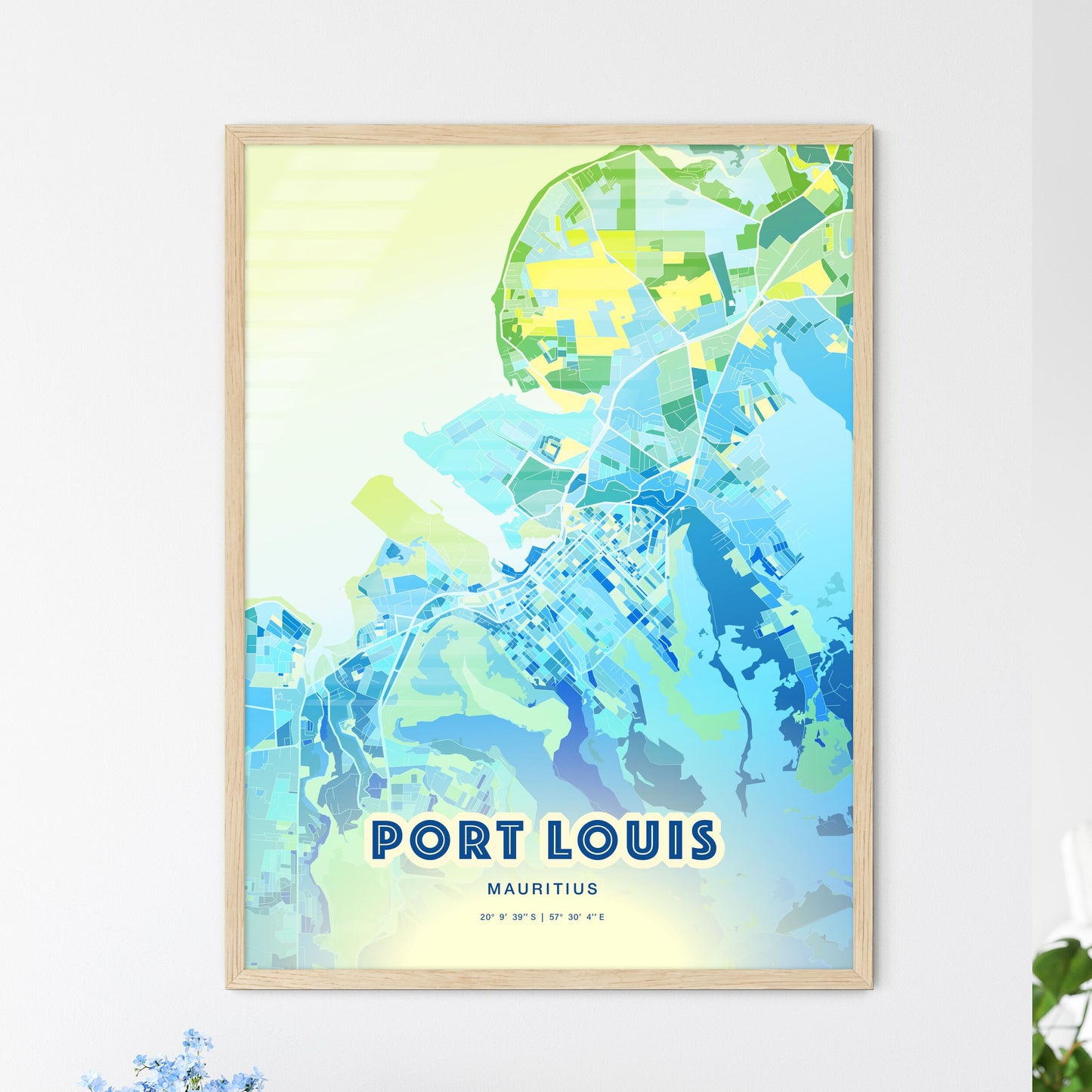 Colorful PORT LOUIS MAURITIUS Fine Art Map Cool Blue