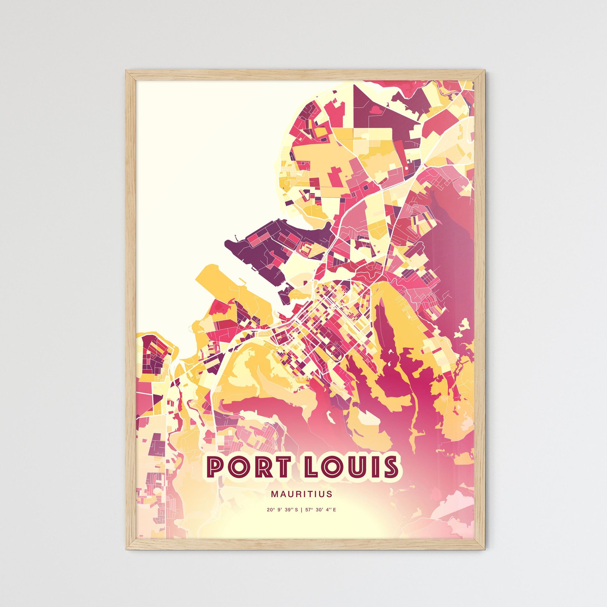 Colorful PORT LOUIS MAURITIUS Fine Art Map Hot Red