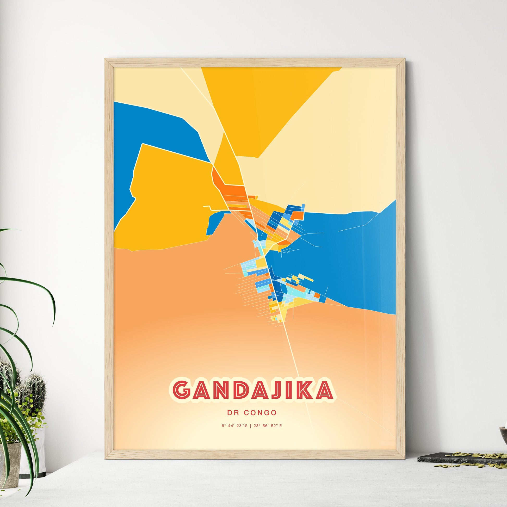 Colorful GANDAJIKA DR CONGO Fine Art Map Blue Orange