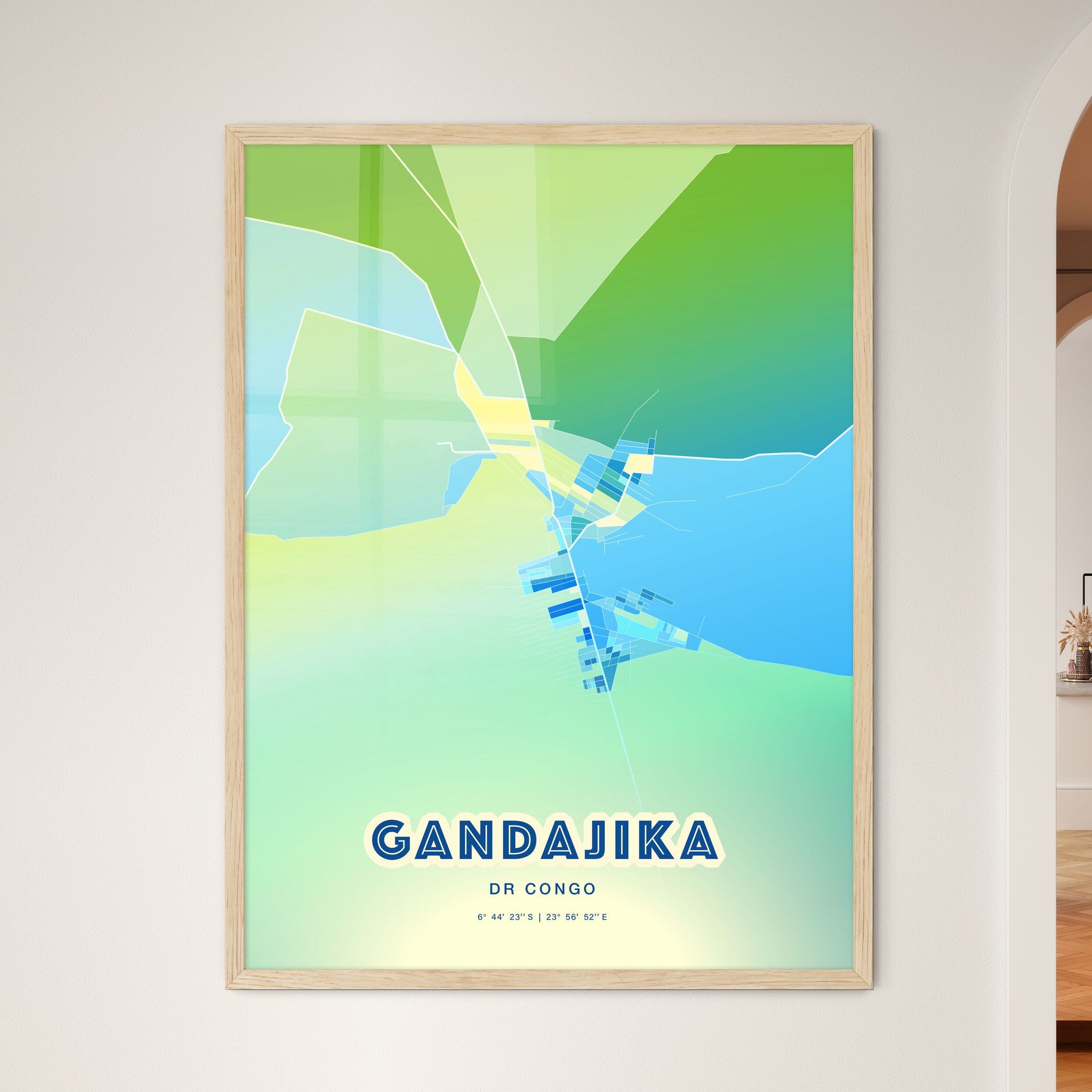 Colorful GANDAJIKA DR CONGO Fine Art Map Cool Blue