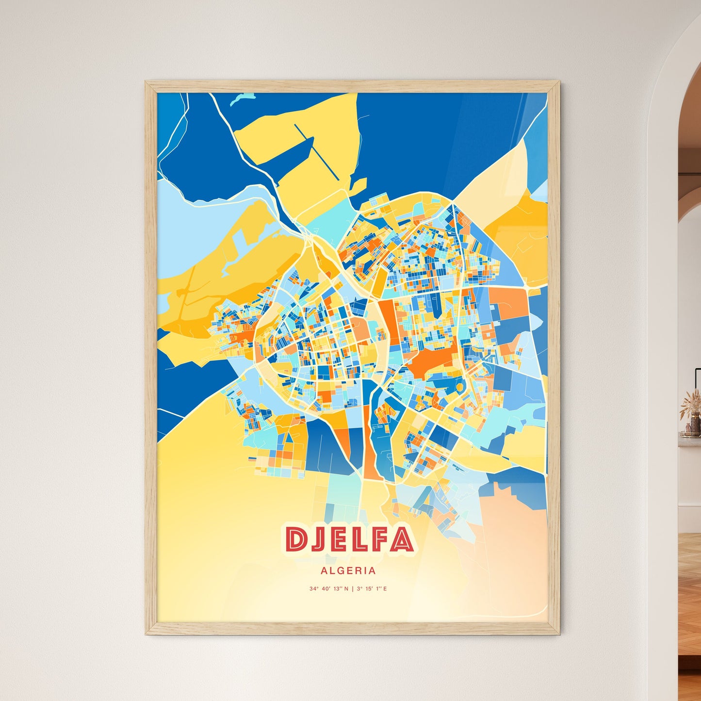 Colorful DJELFA ALGERIA Fine Art Map Blue Orange