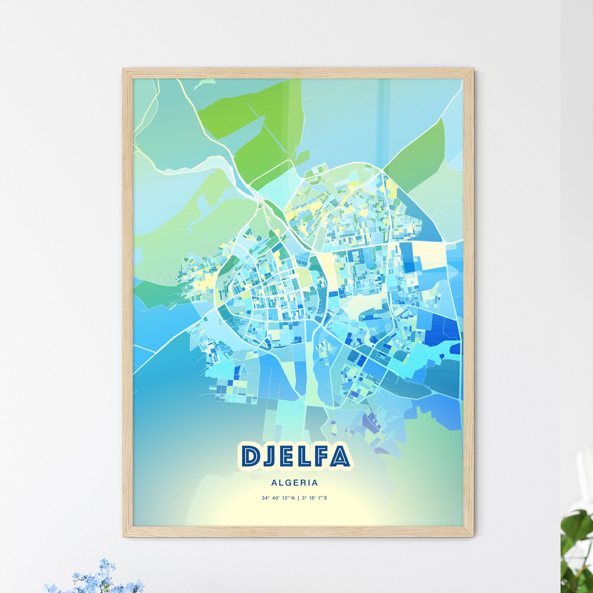 Colorful DJELFA ALGERIA Fine Art Map Cool Blue