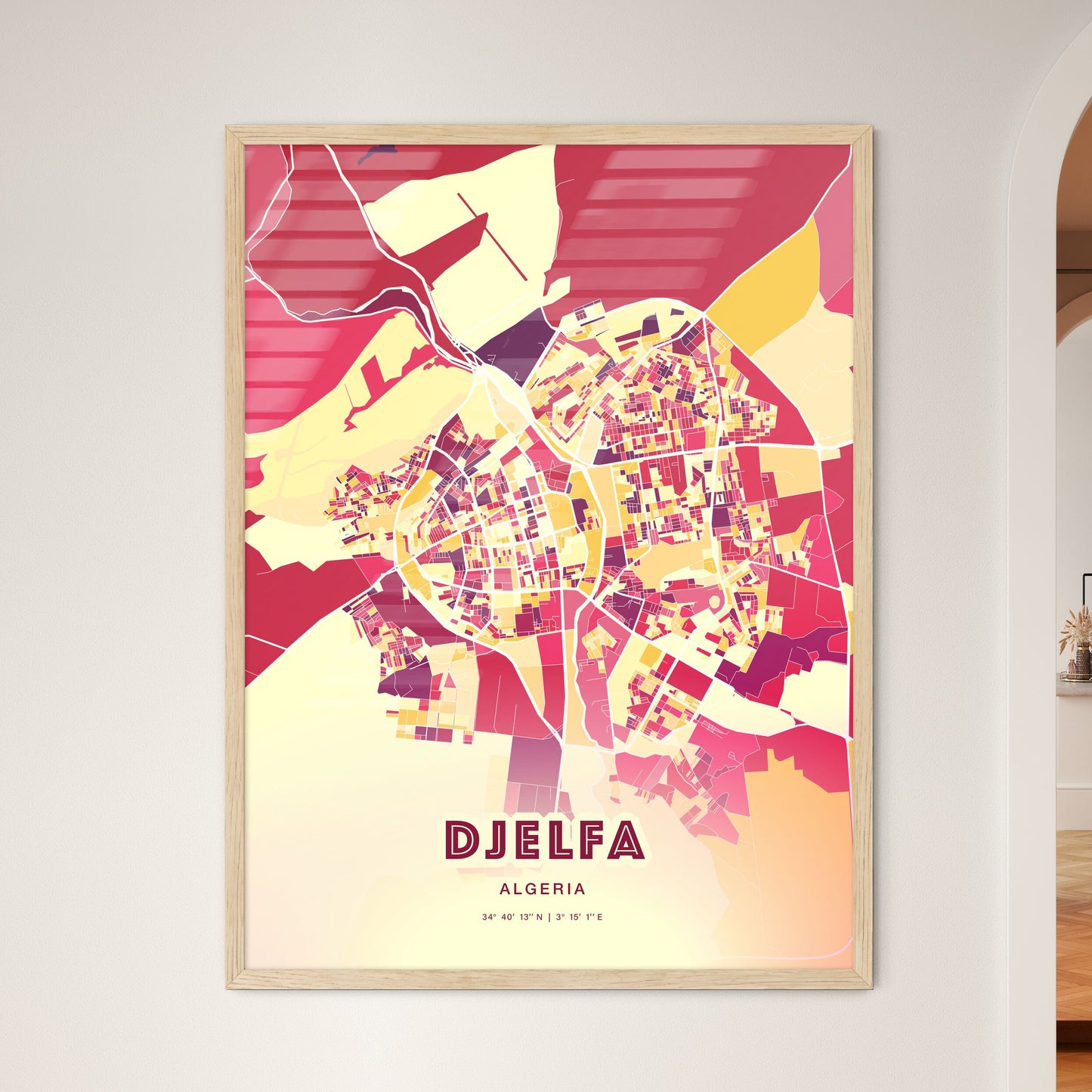 Colorful DJELFA ALGERIA Fine Art Map Hot Red