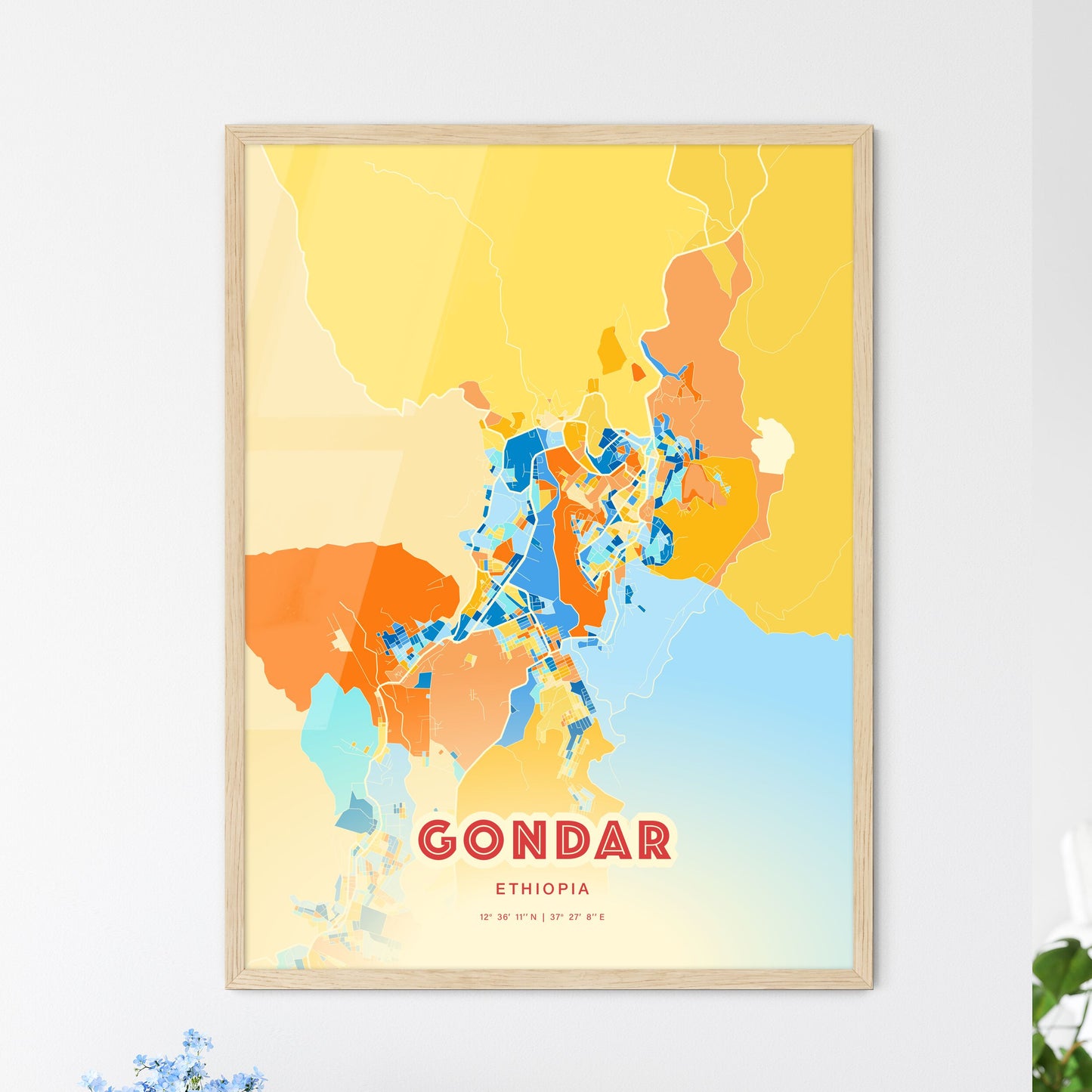 Colorful GONDAR ETHIOPIA Fine Art Map Blue Orange
