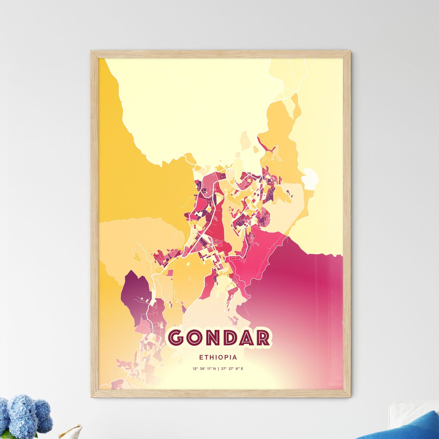 Colorful GONDAR ETHIOPIA Fine Art Map Hot Red