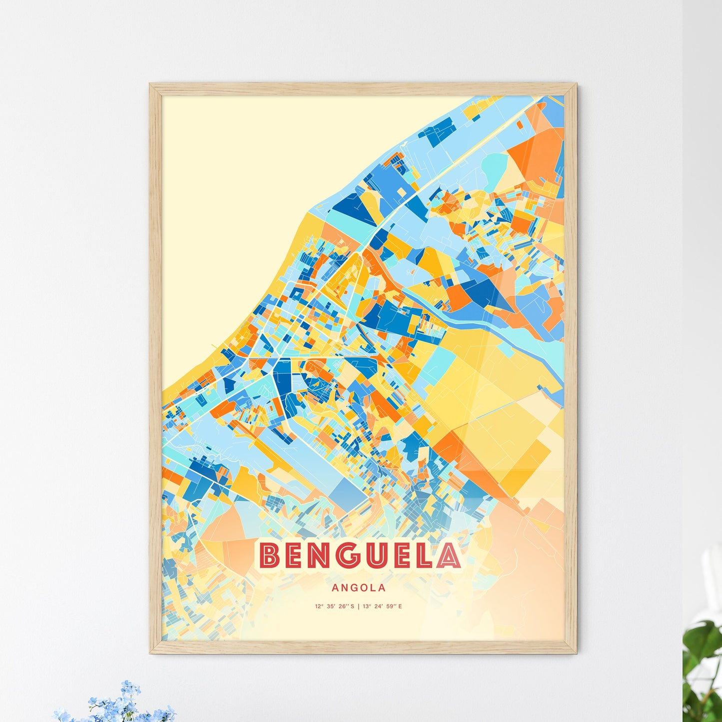 Colorful BENGUELA ANGOLA Fine Art Map Blue Orange