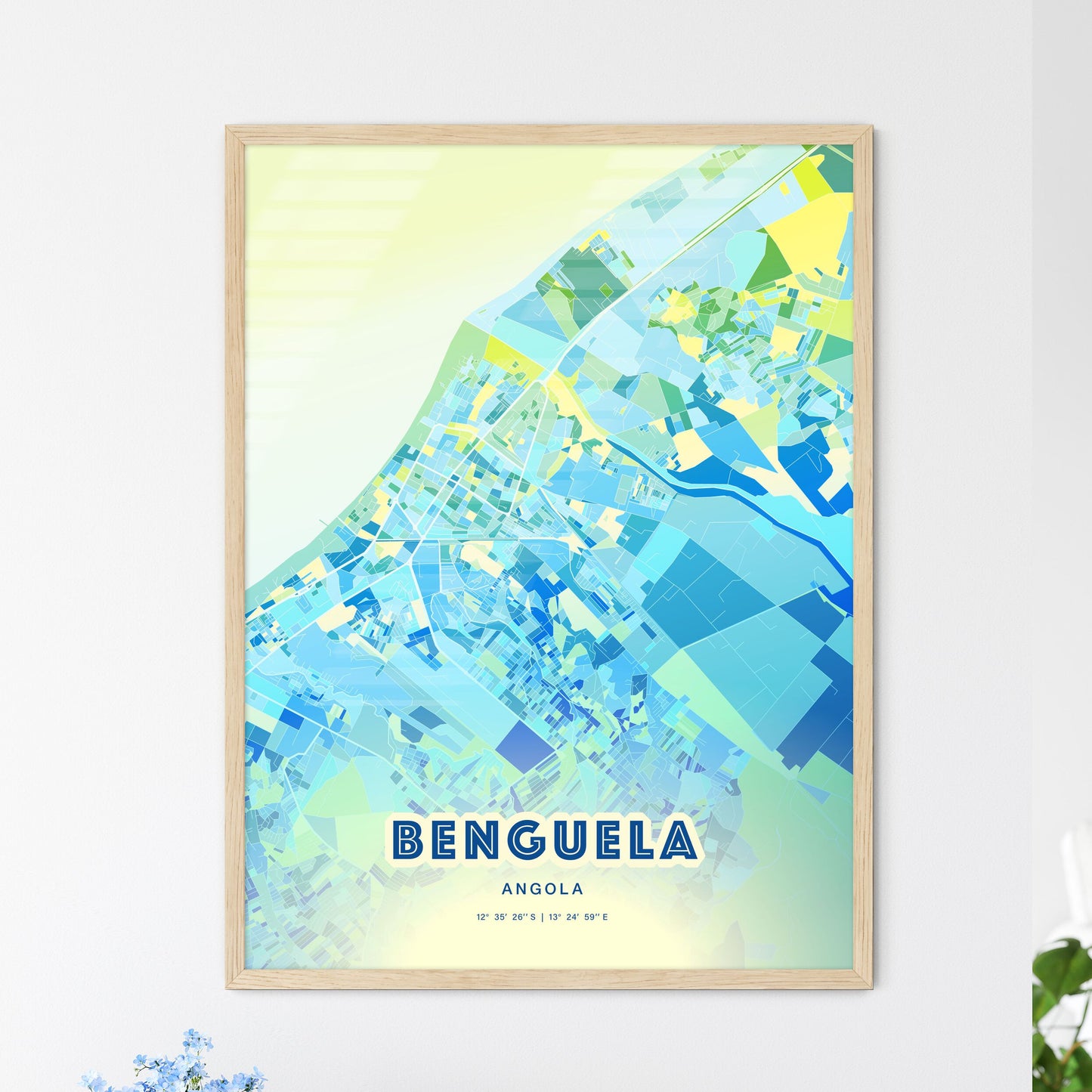 Colorful BENGUELA ANGOLA Fine Art Map Cool Blue