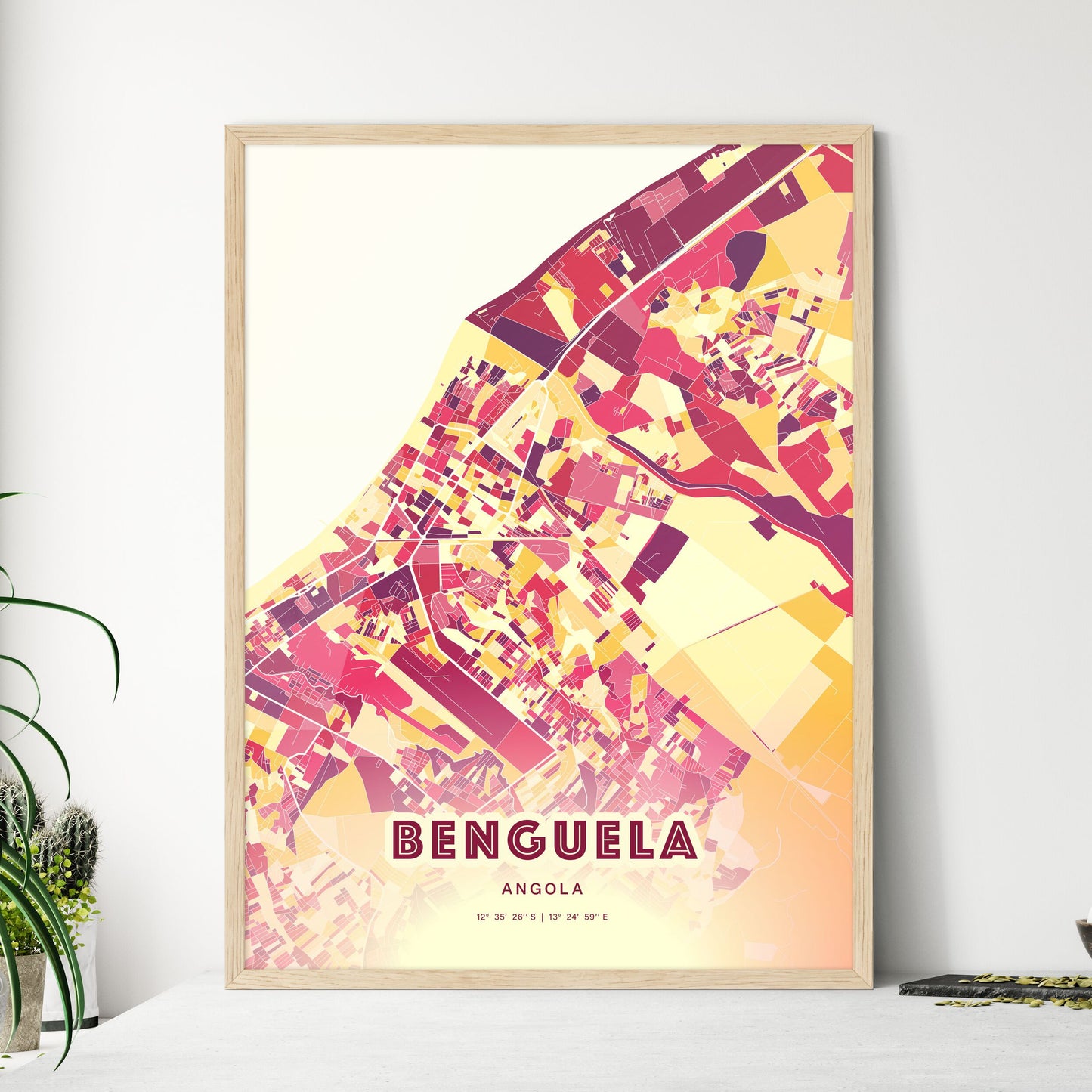 Colorful BENGUELA ANGOLA Fine Art Map Hot Red