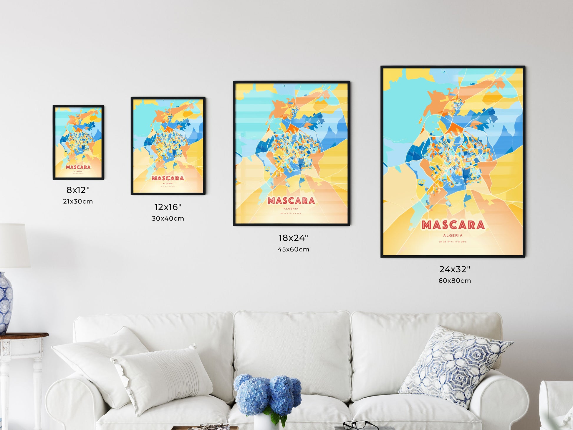 Colorful MASCARA ALGERIA Fine Art Map Blue Orange