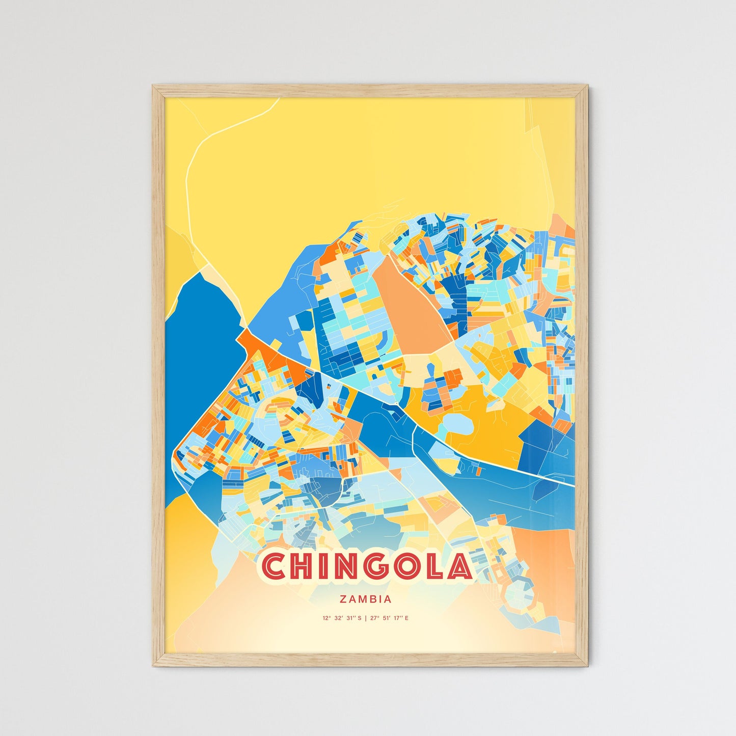 Colorful CHINGOLA ZAMBIA Fine Art Map Blue Orange