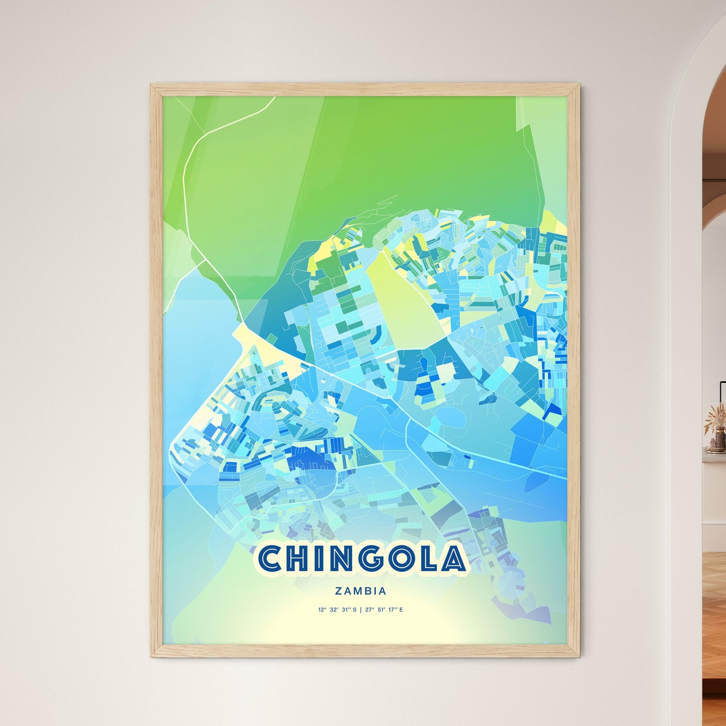 Colorful CHINGOLA ZAMBIA Fine Art Map Cool Blue