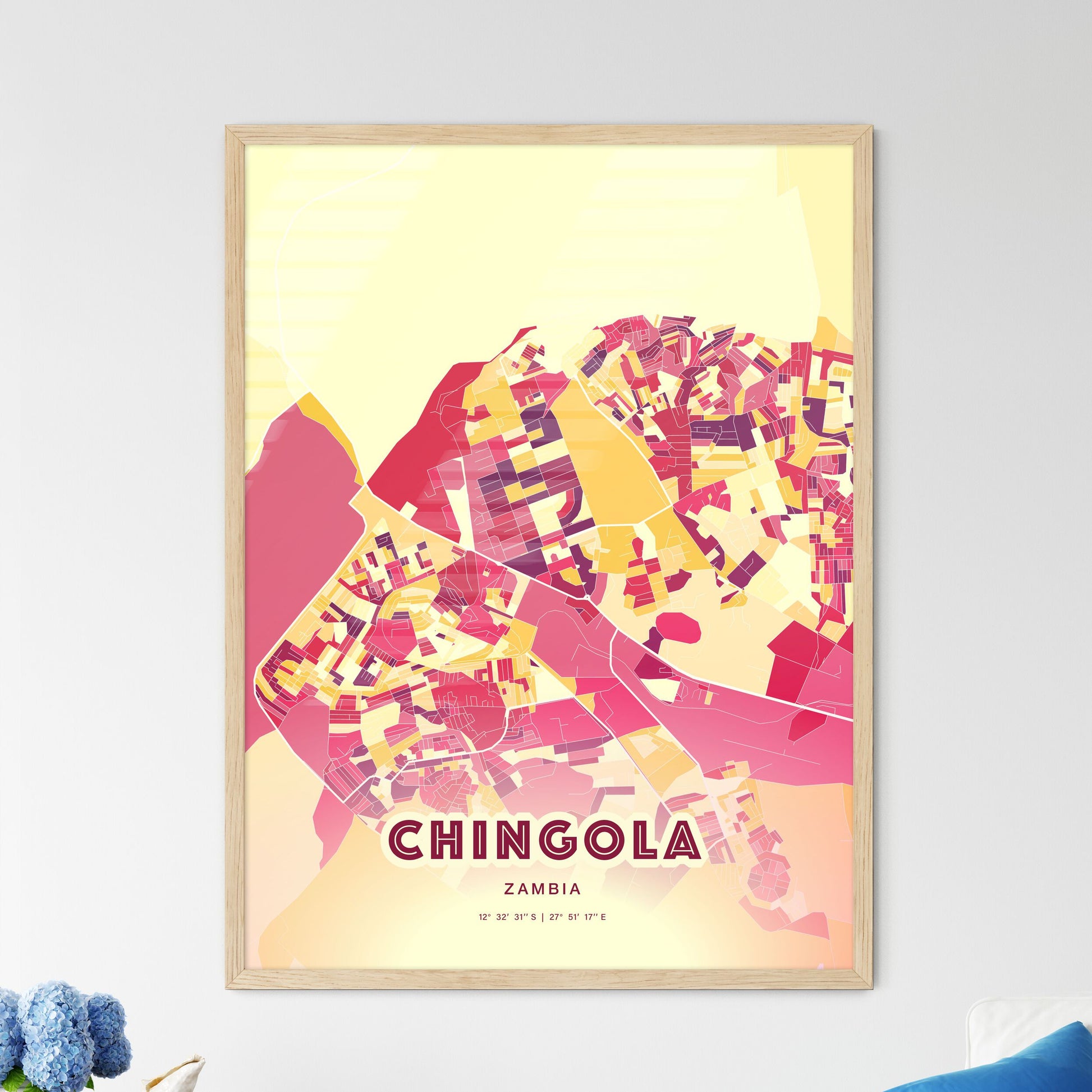 Colorful CHINGOLA ZAMBIA Fine Art Map Hot Red