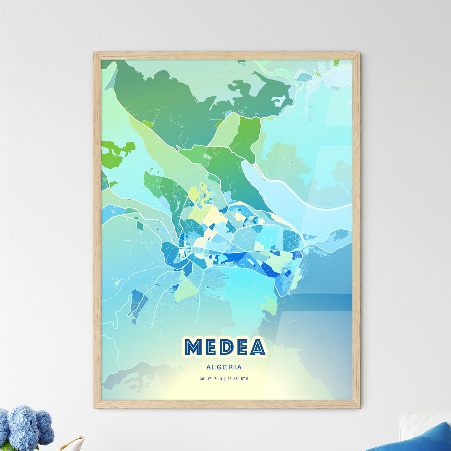 Colorful MEDEA ALGERIA Fine Art Map Cool Blue