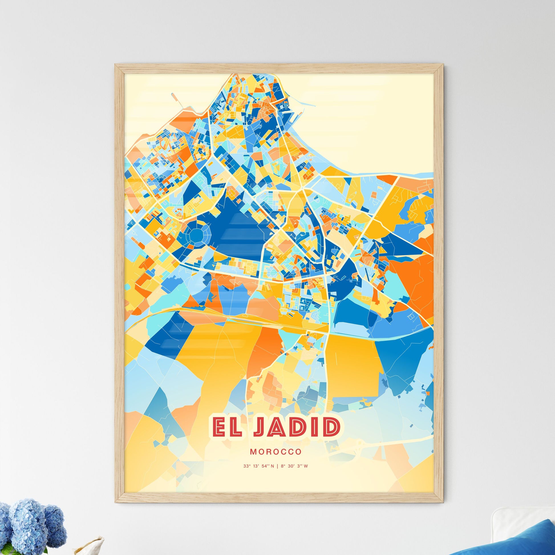 Colorful EL JADID MOROCCO Fine Art Map Blue Orange