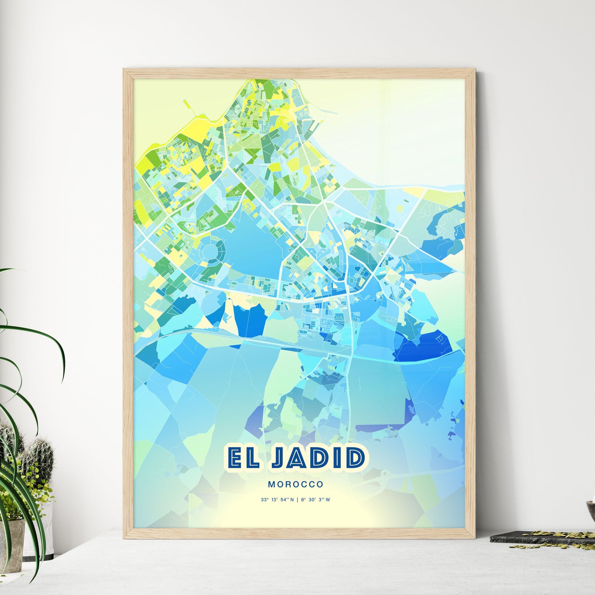 Colorful EL JADID MOROCCO Fine Art Map Cool Blue