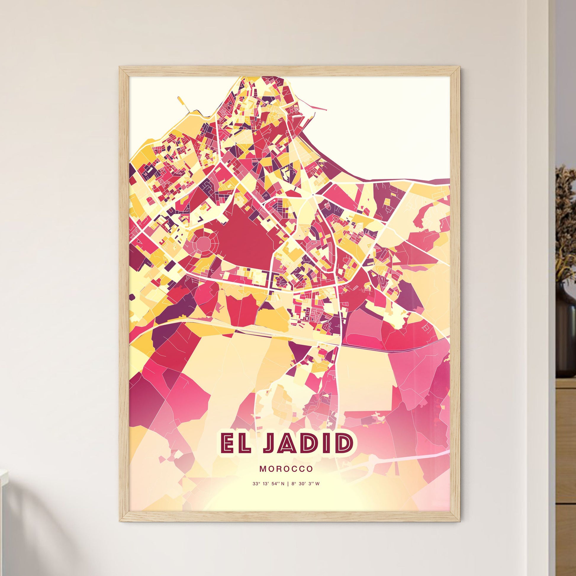 Colorful EL JADID MOROCCO Fine Art Map Hot Red