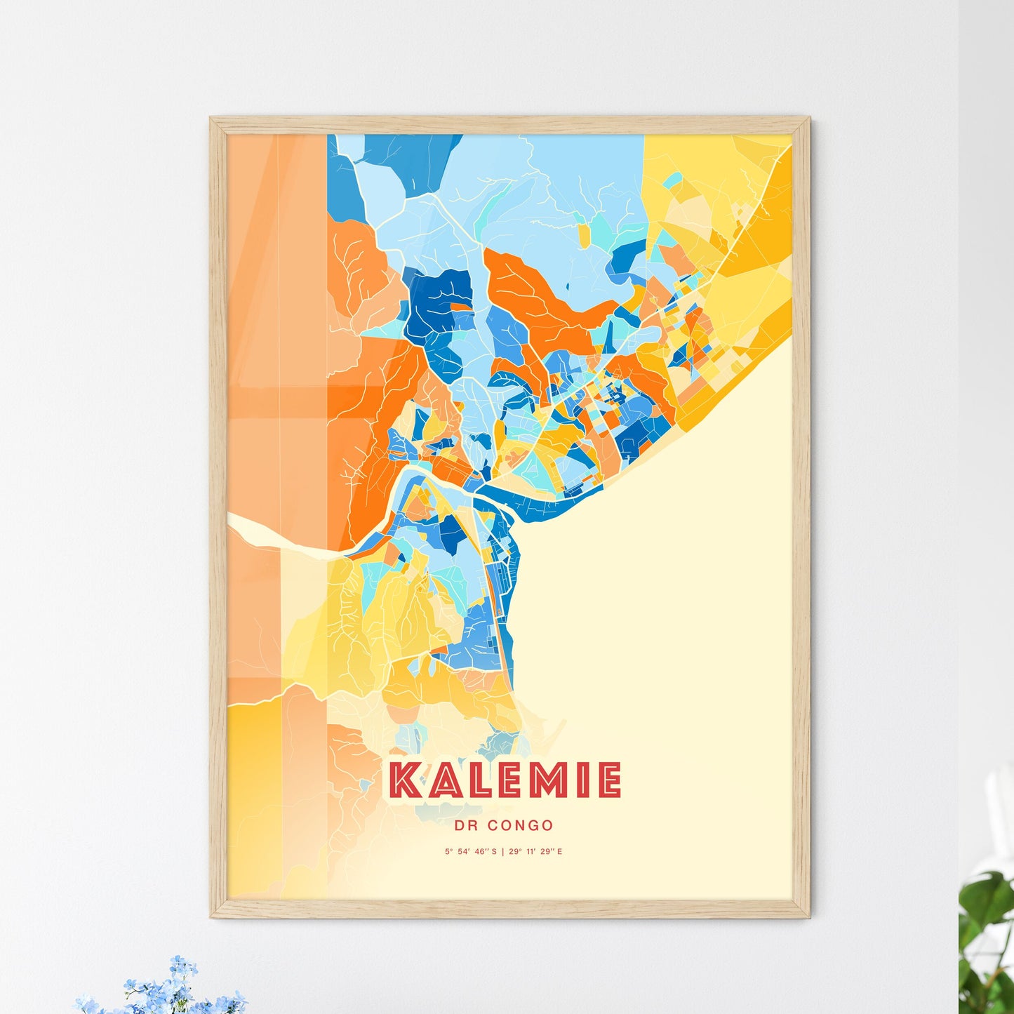 Colorful KALEMIE DR CONGO Fine Art Map Blue Orange