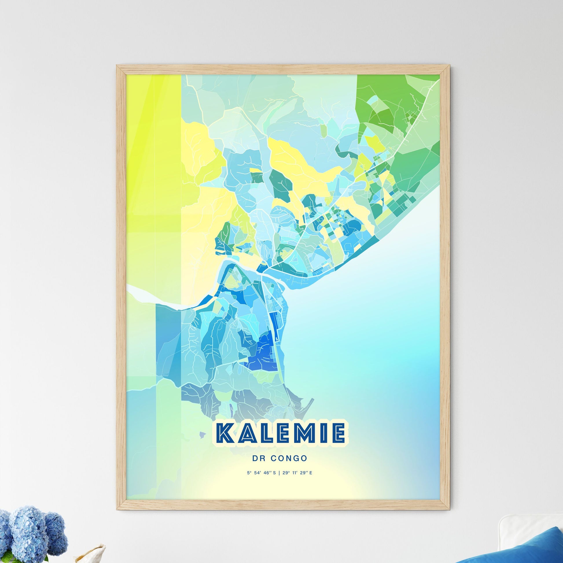 Colorful KALEMIE DR CONGO Fine Art Map Cool Blue