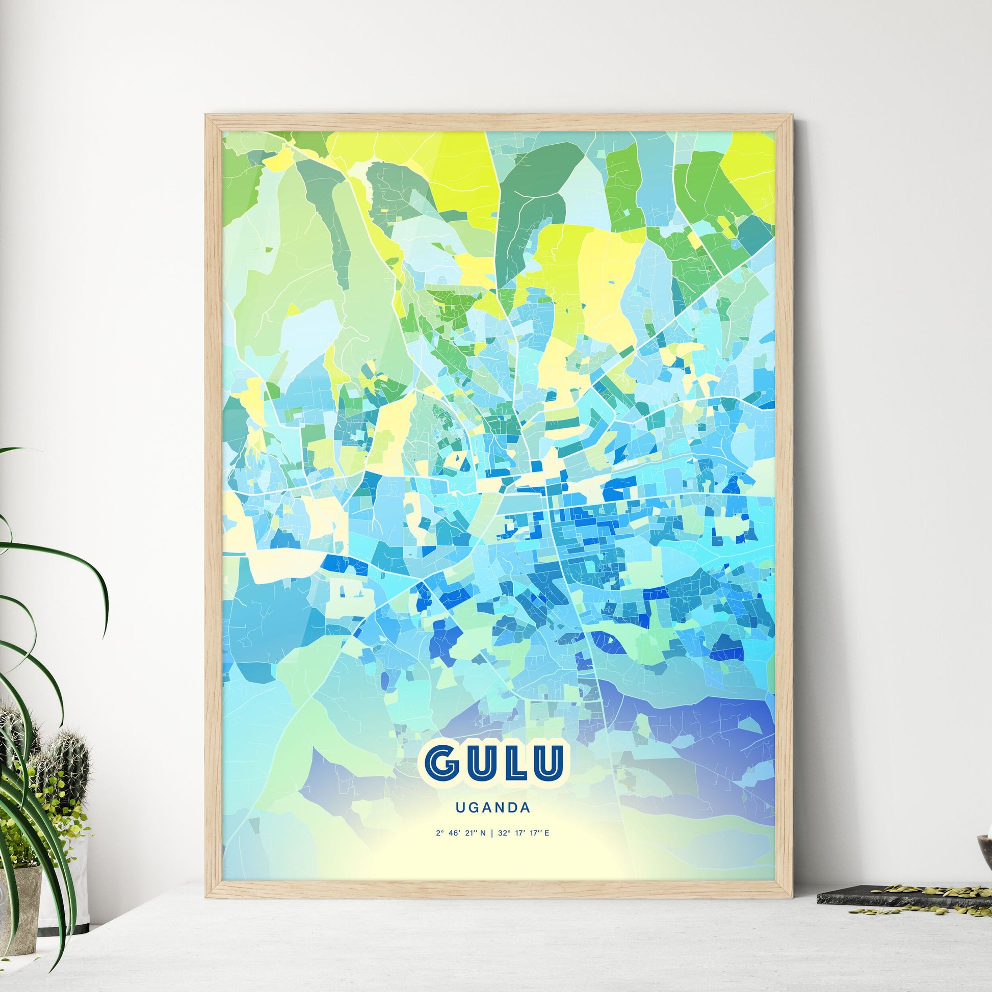 Colorful GULU UGANDA Fine Art Map Cool Blue